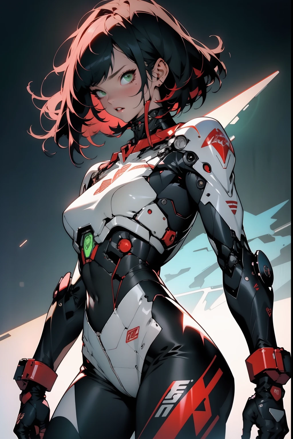 ((Best quality)), ((masterpiece)), (detailed: 1.4), (Absurd), Caucasian woman fighter pilot ready for war, perfect body, Lara Croft, defined muscles, varied colors, half thick naked thighs, closed mouth, only in panties, muscular body covered by technological clothing, Neon Genesis Evangelion style, cyberpunk, generous neckline, ((perfect large breasts)), (green eyes), (((short straight hair))), (thin stripes covering breasts),  (Yakuza tattoo on the arms), short underwear, garter belt, by mucha, niji --V5, close to real, psychopathic, crazy face, sexy pose, background with a giant Gundam-style robot head, 2 piece clothing, pointed shoulder pads, pastel, centered, scale to fit dimensions, HDR (High Dynamic Range),Ray Tracing,NVIDIA RTX,Super-Resolution,Unreal 5,Subsurface dispersion,  PBR Texture, Post-processing, Anisotropic filtering, Depth of field, Maximum clarity and sharpness, Multilayer textures, Albedo and specular maps, Surface shading, Accurate simulation of light-material interaction, Perfect proportions, Octane Render, Two-tone lighting, Wide aperture, Low ISO, White balance, Rule of thirds, 8K RAW