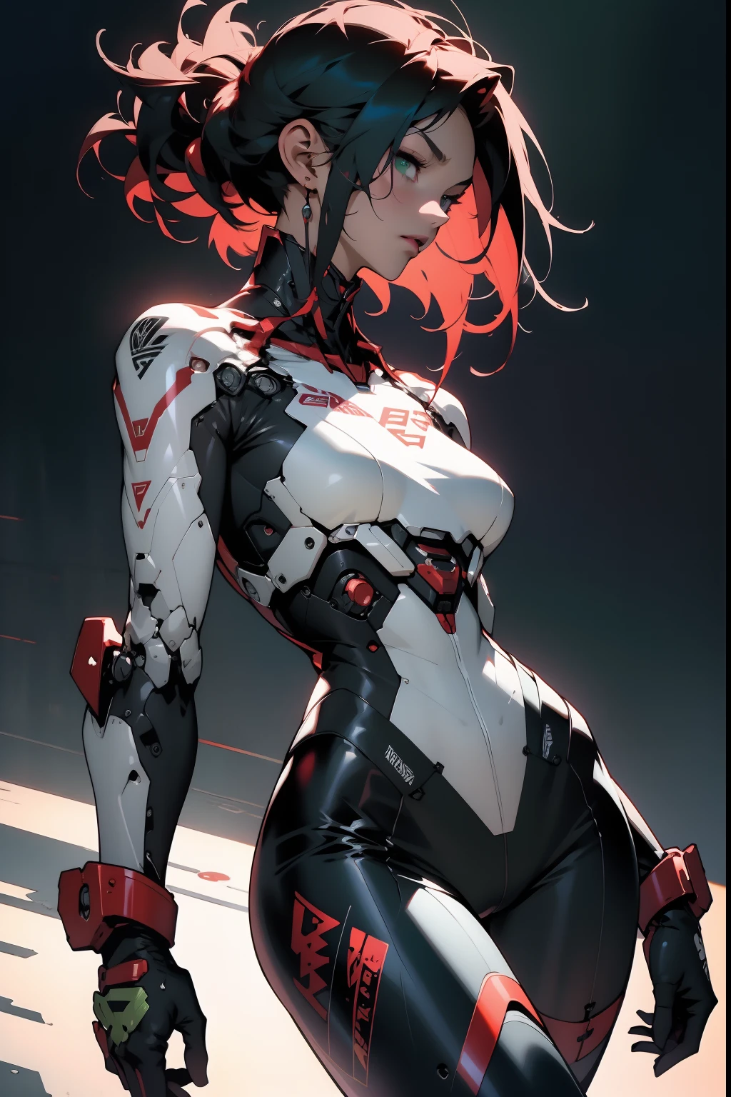 Beautiful 18yr old cybernetic girl detailed muscles realistic masterpieces full figure pose (best quality,ultra-detailed), red hair, ponytail, fair skin, fit body, slim figure, narrow waist, (cocky expression), black carbon fiber cybernetic  spacesuit, dynamic pose