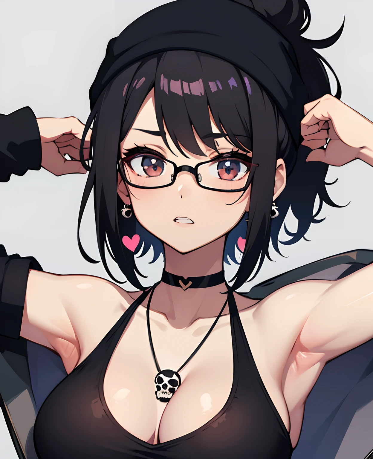 teenage, anime girl, glasses, black hair,bangs, underwears, black bra, short hair, skull earrings, black skull beanie, open clothes, ponytail, medium layer hair, large breasts, high quality, armpits, looking at viewer, black background, heart necklace, long shot, tempting