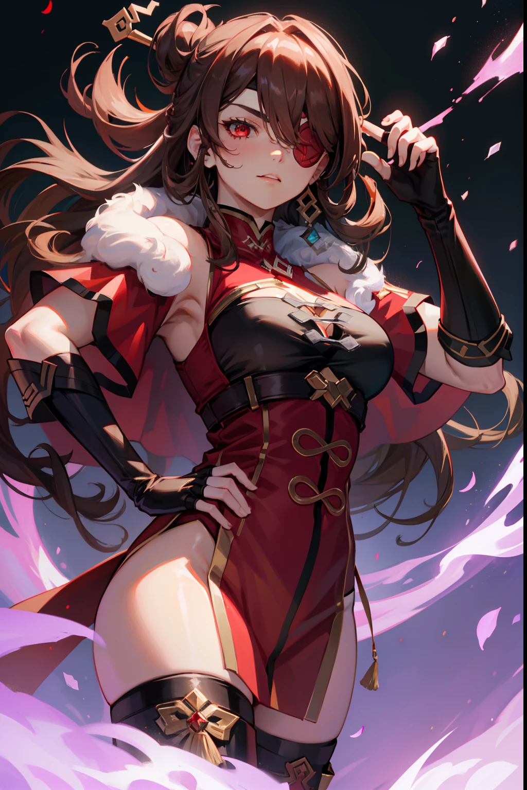 1 mature female solo, long brown hair, red eye, golden hair accessories, ((red eyepatch)), red cape, white fur collar, black and red outfit, black fingerless gloves, long black stockings, dynamic pose, cinematic shot, cinematic light