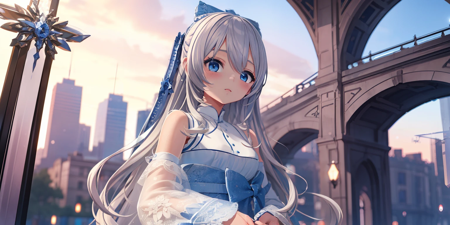 ((Best quality)), ((Masterpiece)), ((Ultra-detailed)), (illustration), (Detailed light), (An extremely delicate and beautiful),A charming young girl,White long hair,Blue sky,The sword floated behind his back.