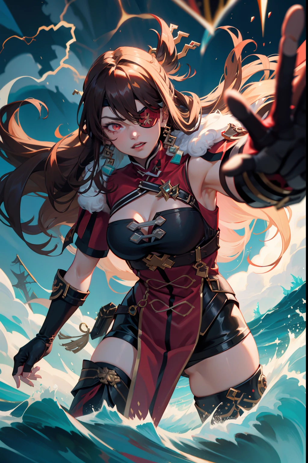 1 mature female solo, long brown hair, red eye, golden hair accessories, ((red eyepatch)), red cape, white fur collar, black and red outfit, black fingerless gloves, long black stockings, dynamic pose, cinematic shot, cinematic light, big pirate ship, sea, sea storm, big waves, dark sky with lightning