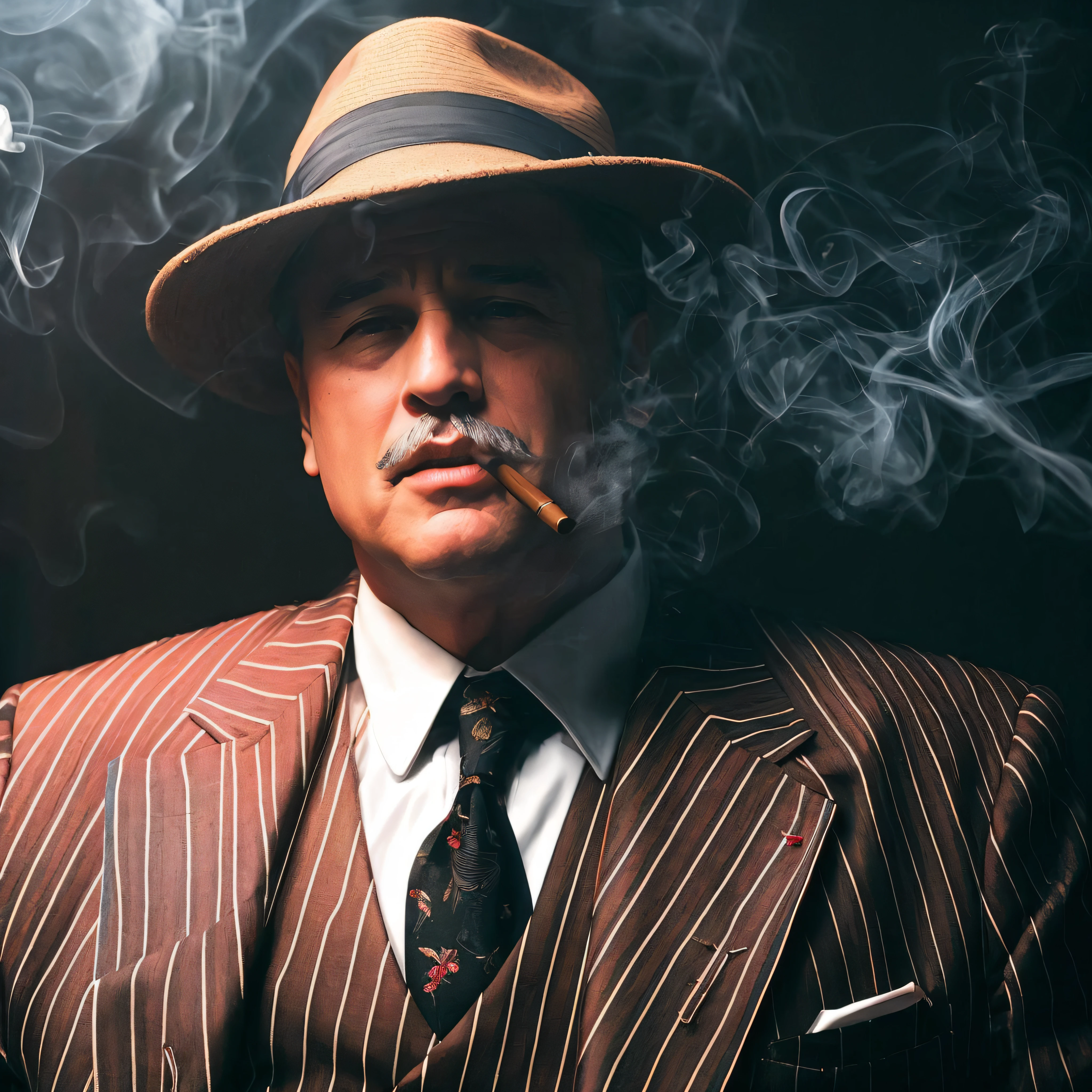 Alafed man in suit and hat smokes a cigarette, mustache, marlon brando as the godfather, subject action: smoking cigars, Man smokes a cigar, with cigar, movie「the godfather」Scenes of, Man in a suit with a hat, mobster, Famous war criminals, god father, Inspired by Max Magnus Snowman, Inspired by Aniello Falcone, Inspired by Roy Dargano