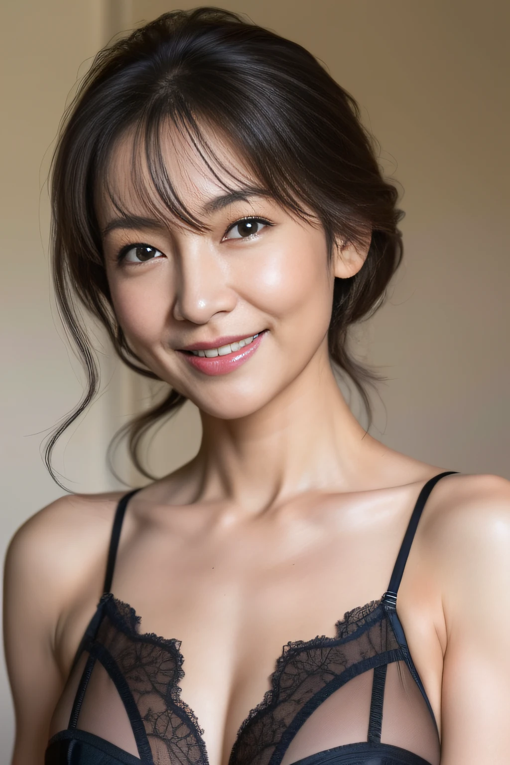 gravure, from the chest up, masutepiece, Best Quality, Ultra-detailed, Photorealistic, super detailed skin, Perfect Anatomy, (1 japanese mature woman), (Solo), sixty years old, (Wrinkles at the corners of the eyes:1.3), Large breasts, A MILF, glamor, A sexy, Chromo-white skin, Looking at Viewer、Lace Luxury Lingerie、Smile