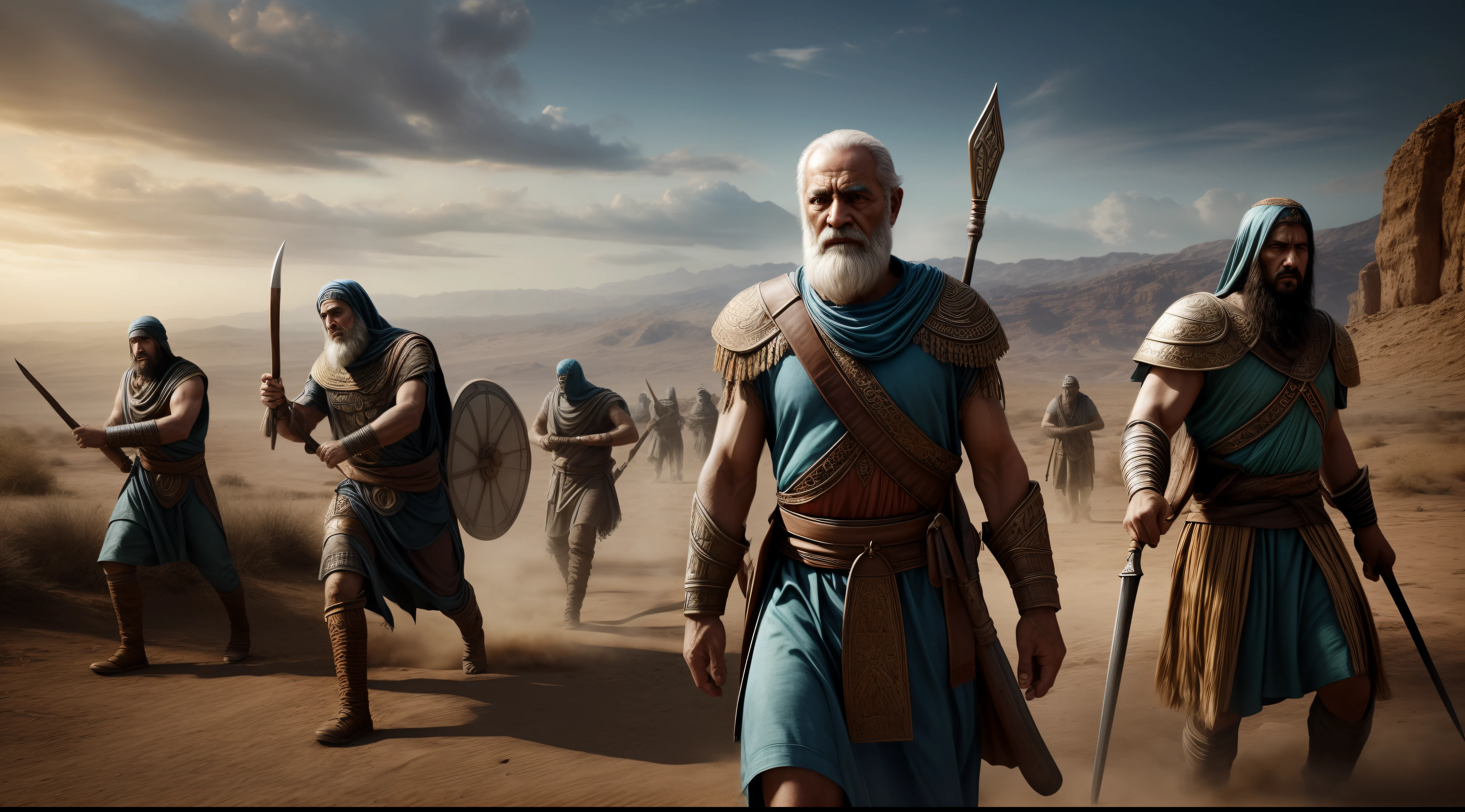 Photo of several Assyrian warriors in battle, Assyrian warriors, several men attacking with ferocity, rostos bem definidos, fierce expression, armed with spears, escudos e espadas, gloomy setting, skirmish, Biblical Vision, homens marroquinos, lutando no deserto, cinemactic, obra-prima, 8k, detalhes intrincados, biblical movie scene, (Biblical garments), Realismo extremo, Highly epic style, trabalho-primoroso, personagens rudes, dark epic, fundo deserto no estilo Sinai, Motor Unreal 5, Motor Unreal 5 4 K UHD imagem, 8k portrait render, hiper-realista, Blurry cinematic background,fotorrealista, studio dark, Rim lighting, dual-tone lighting,8k UHD, DSLR, soft-lighting, alta qualidade, volumeric lighting, sincero, fotografia, alta resolução, Realistic cinematic portrait, cinematic bust portrait, arte conceitual ultra realista, Wojtek FUS, arte digital hiper detalhada, arte dos personage do motor irreal, arte de personagem impressionante, Arte conceitual 4K e hiper realismo, Arte digital altamente realista, FOTO escura: epic realistic, ((Biblical garments)) Soft cinematic portrait, Adobe Lightroom, photographic lab, altamente detalhado, desbotado, (cores neutras: 1,2), (HDR: 1,4) , (cores suaves:1.2), hiperdetalhado, (art-station:1.4), cinemamatográfico, luzes quentes, dramatic light, (detalhes intrincados:1.1), fundo complexo, (Rutkowski:0.66), (azul e laranja:0.4)(((olhos bem detalhados)))Wise old man, trabalho primoroso, obra prima, 8k, ultradetalhado, cinema, soft-lighting, alta qualidade, obra-prima