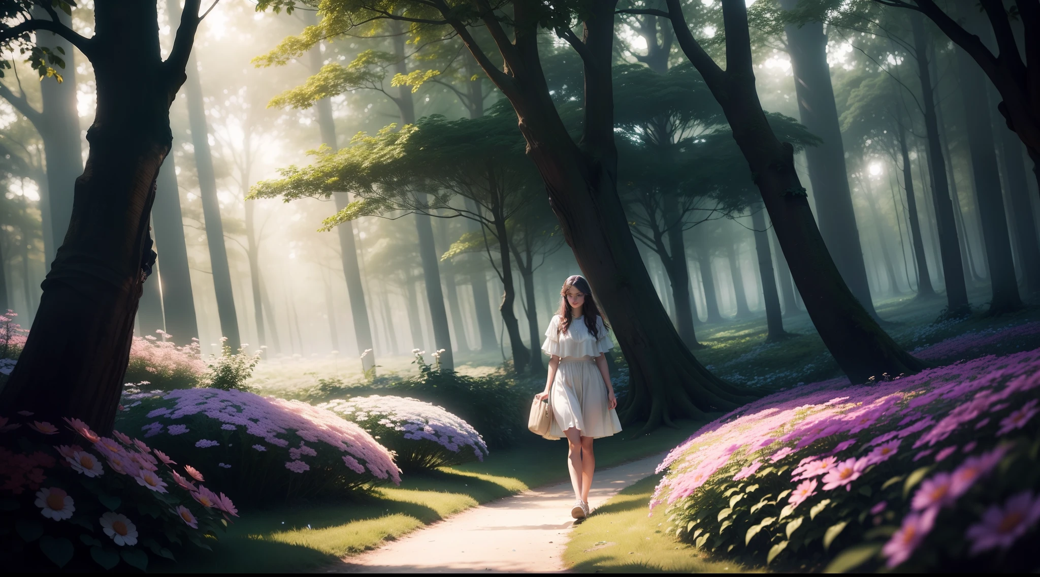 Mia arriving in a glade filled with Dream Flowers, their soft glow casting a surreal light.