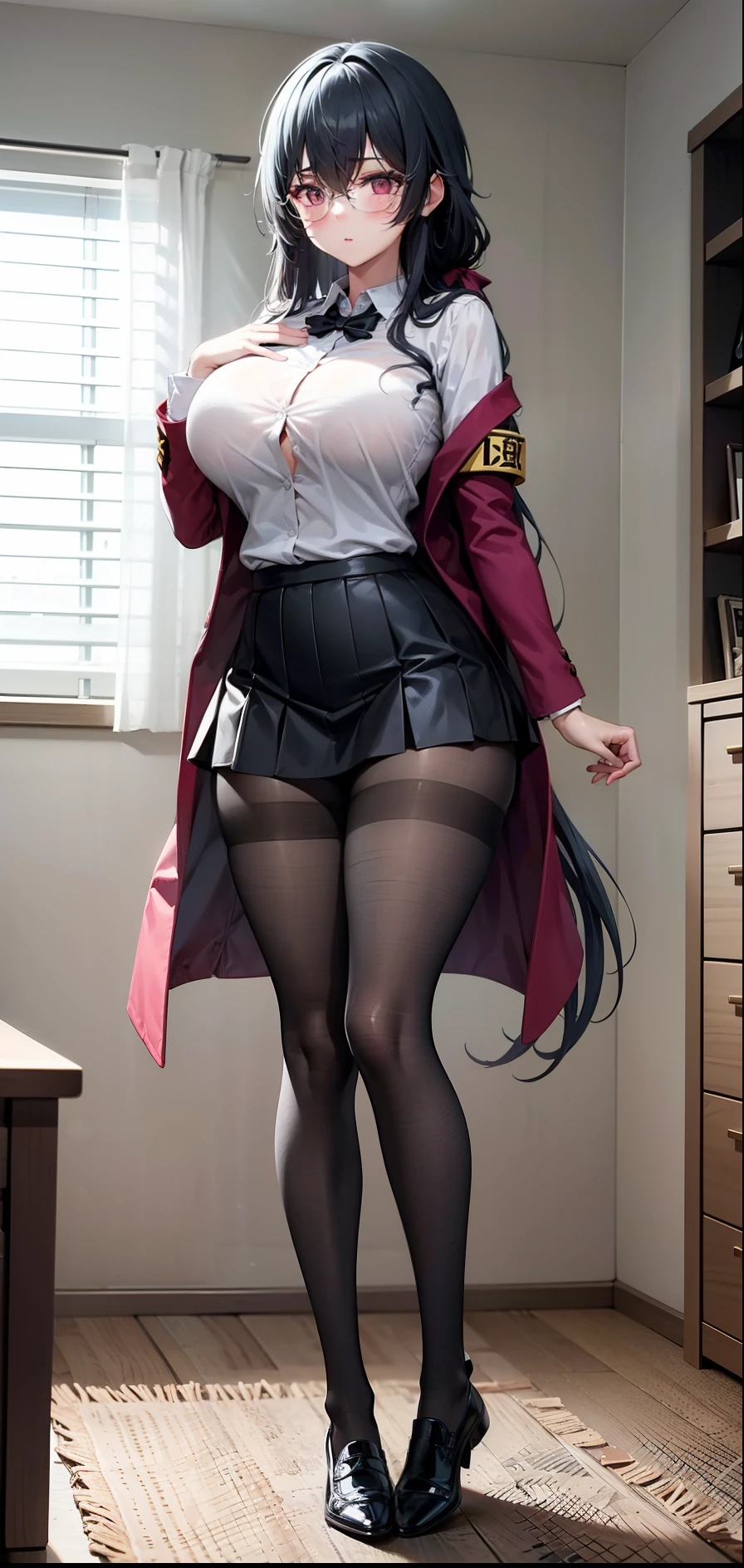 1girl,big breasts, closed breast, very long hair,open jacket,white shirt, 30cm skirt, bedroom, sadist, standing, bewitching thighs, pantyhose, full body, pink eyes,