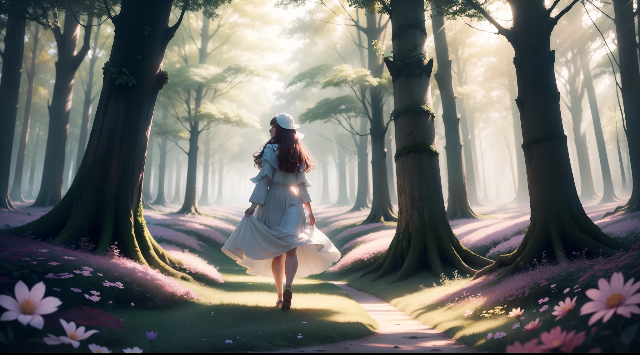 Mia arriving in a glade filled with Dream Flowers, their soft glow casting a surreal light.