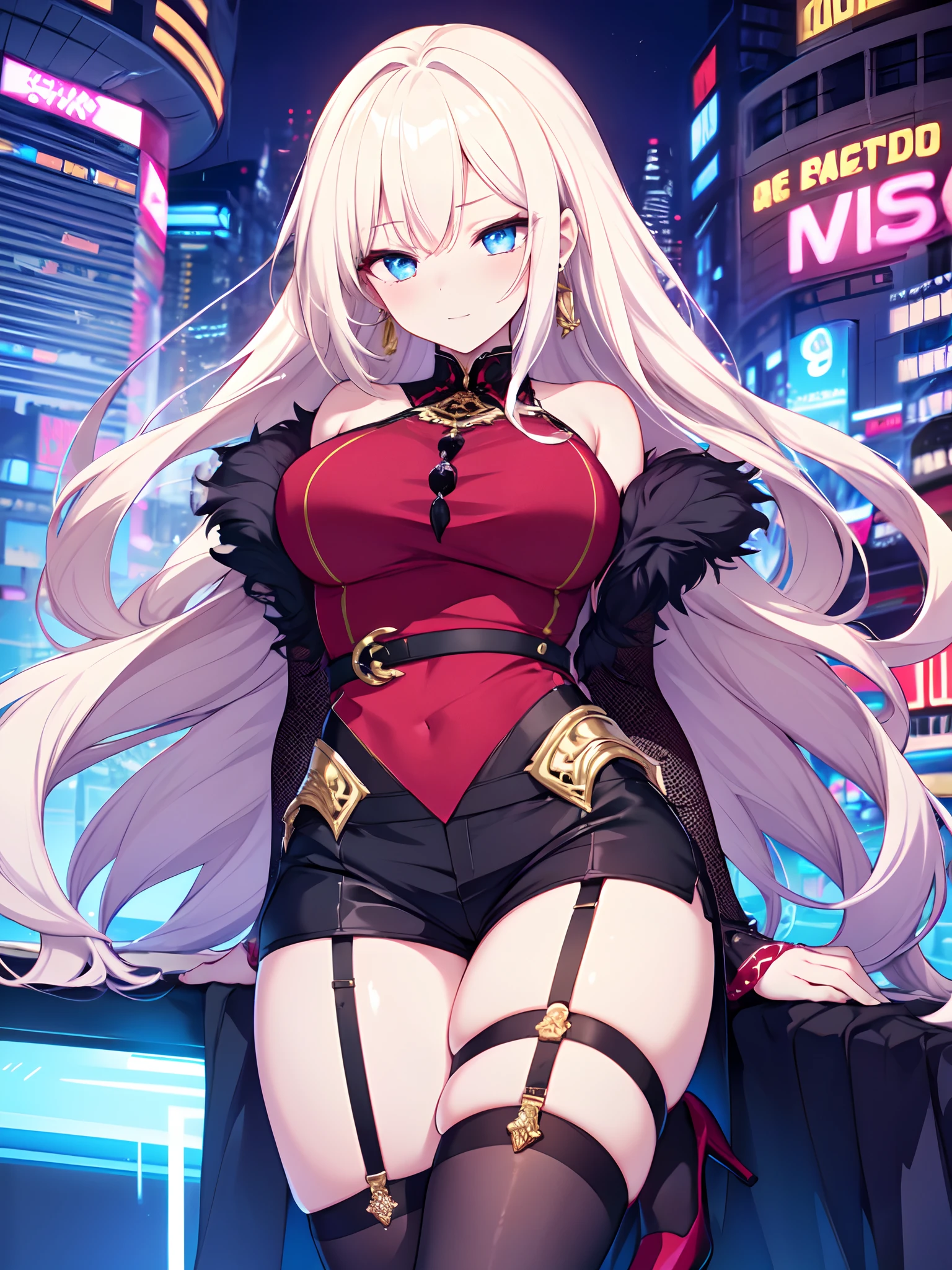 ((masterpiece)), ((Best Quality)), (ultra-detailed), ((extremely detailed)), 4K, (8K), best quality, top-quality, anime style,1girl, solo, The most detailed skin, Sheer black silk off-shoulder blouse, high-waist shorts adorned with gold beads, black lace garter belt and stockings, gold-strapped high heels, diamond teardrop earrings, //, Stunned expression, Girl with troubled face, Ecstasy, (sexual expression), smile, blush, Red face, //, (large breasts), voluptuous body, //, Half-up twisted long straight hair, Platinum blonde hair color, (beautiful eyes), pink-skinned, //, Decaying brick building, dim glow of blue neon signs, (thick lines:1.2),