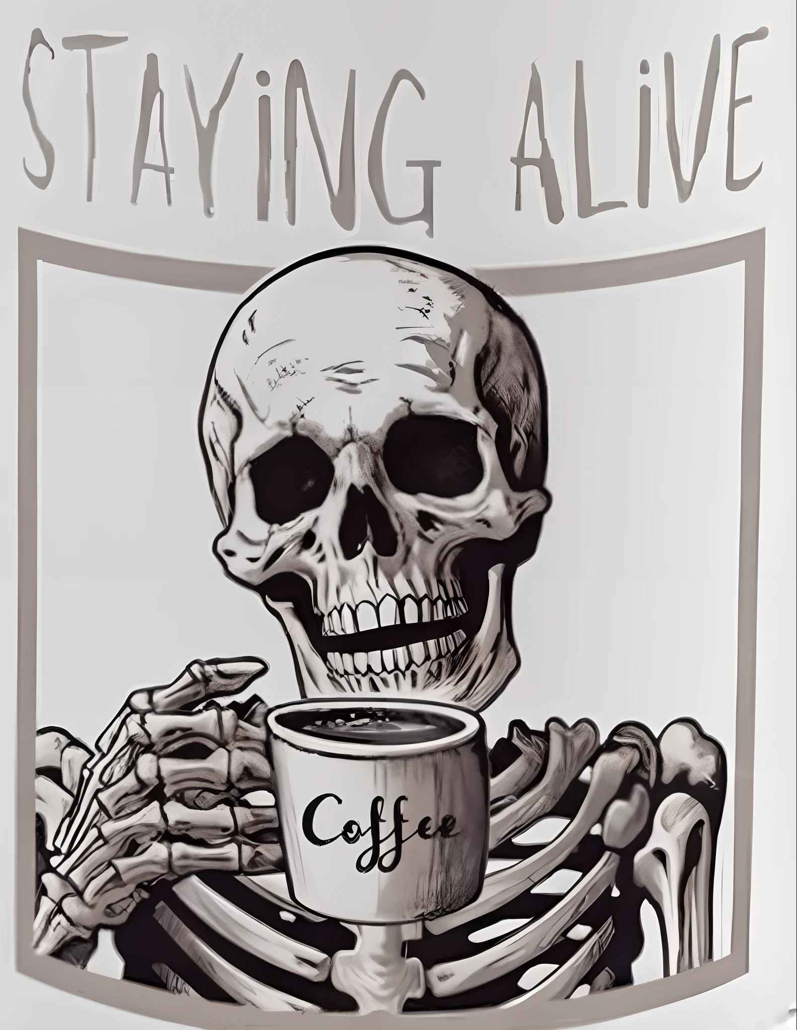 arafed skeleton holding a cup of coffee with a saying saying staying alive, zombie not enjoying coffee, zombie holding coffee cup, zombie drinking coffee logo, zombie coffee logo, drinking coffee, zombie chasing coffee, alive, drinking a coffee, morning coffee, alex yanes, portrait of morning coffee, style alex gray, cup of death