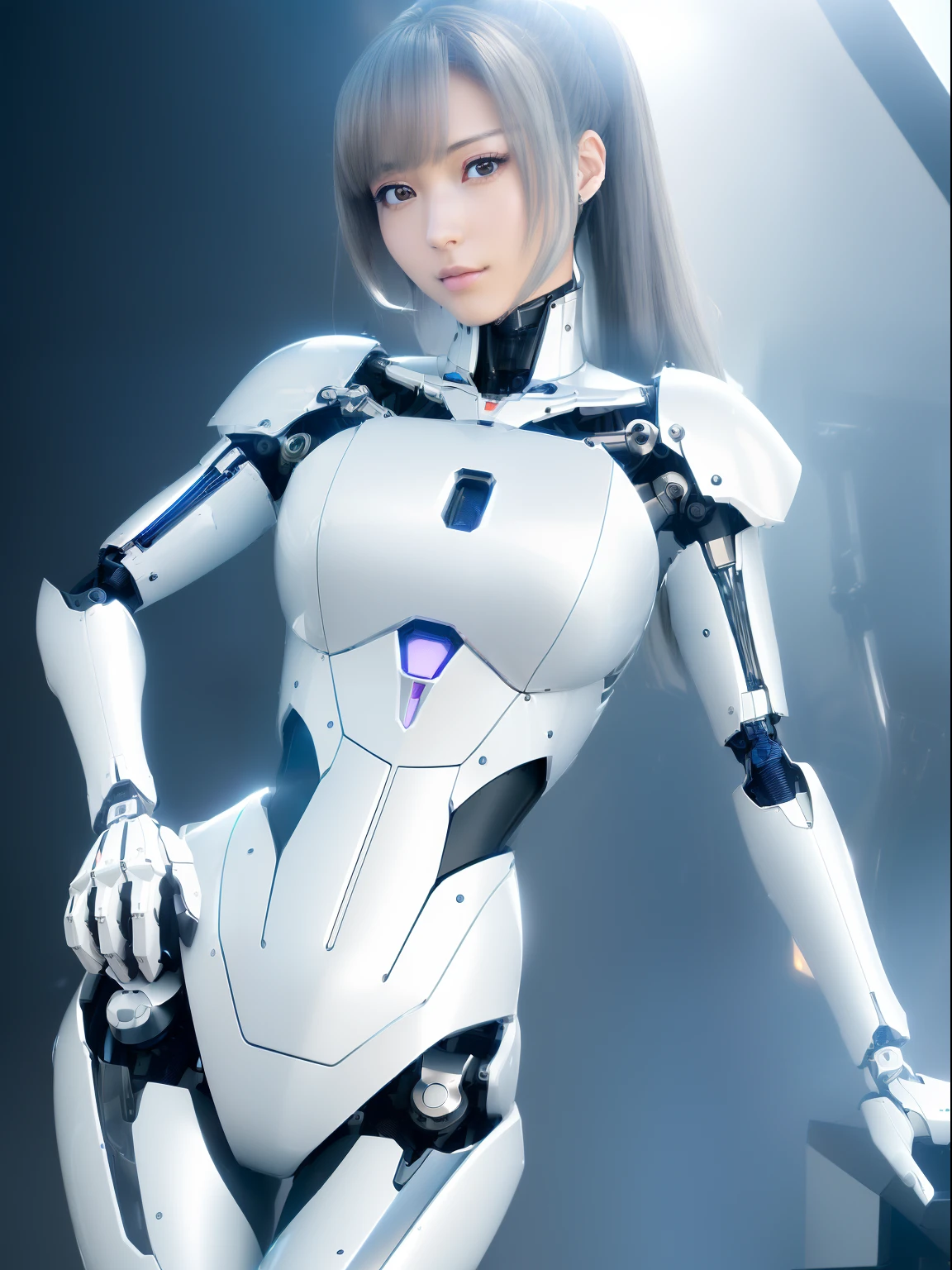 ((masutepiece)), ((top-quality), high quarity、ultra-definition, Realistic, fulcolor 、One beautiful robot woman、Joints of machines、Machine frame、White Machine Armor、Curvaceous face、deadpan