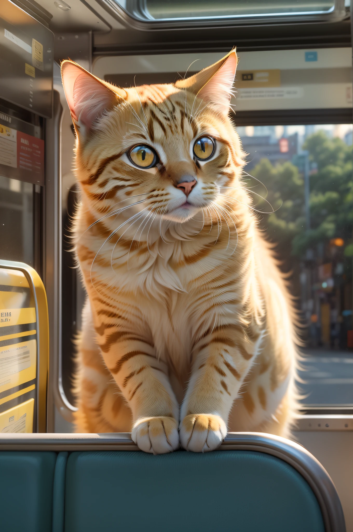 A round-eyed yellow cat sits on a bus, Look out the window, streetview, and the sun was shining brightly, the detail， 4K， k hd， high high quality