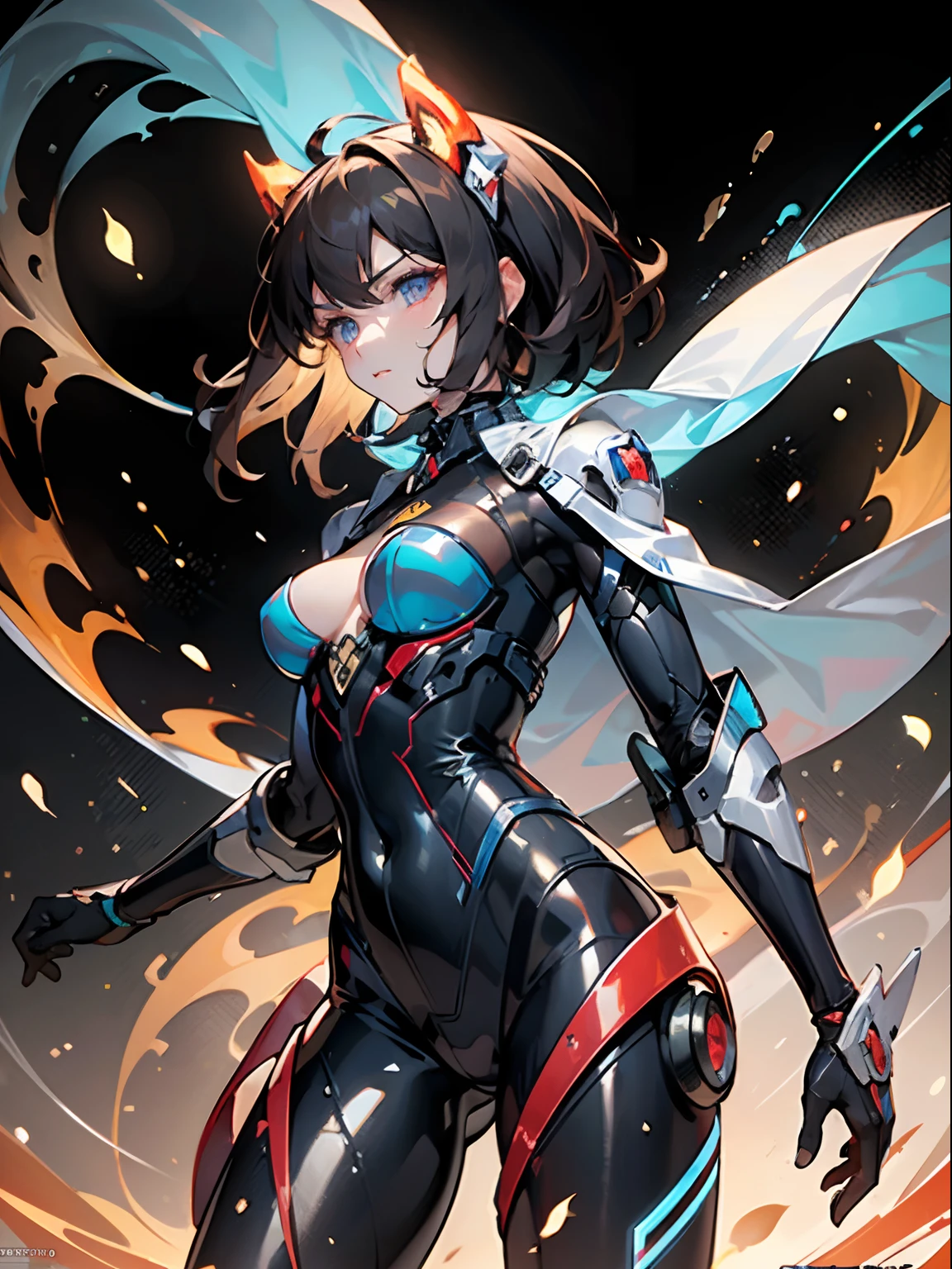tmasterpiece,best qualtiy,ultra - detailed,Kizi,Blue eyes with red flames(1.3),Hu,Handheld flame(1.3)Dark red katana,(Translucent body,Reflex the skin),The mech has a smooth surface, (highdetailskin:1.2),Proper body proportion、perfect anatomia,complex mechanical bodysuit、mecha corset、tightsuit,(The mech is slightly transparent)20yr old,The mech is ready,There are many blue flames around the figure(1.3)