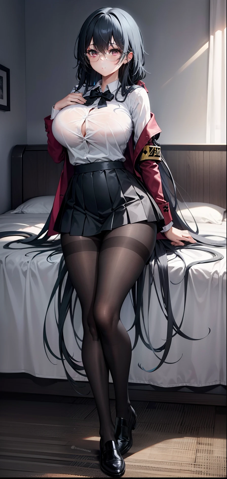 1girl,big breasts, closed breast, very long hair,open jacket,white shirt, long skirt, bedroom, sadist, standing, bewitching thighs, pantyhose, full body, pink eyes,