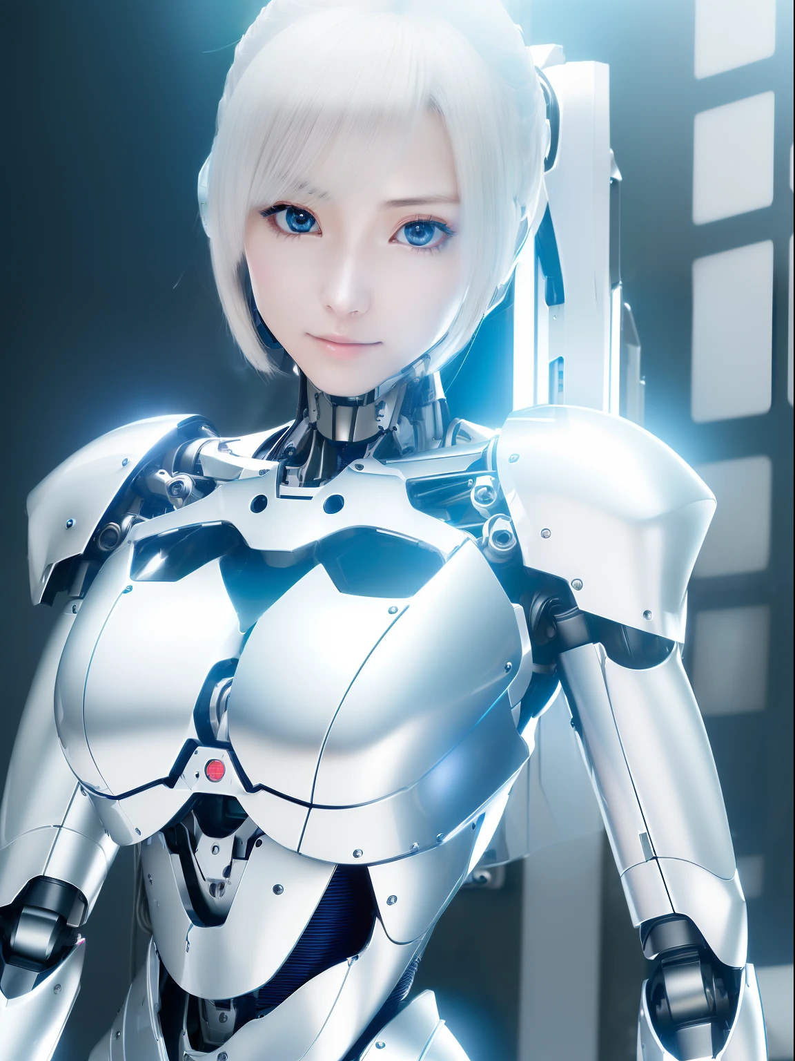 ((masutepiece)), ((top-quality), high quarity、ultra-definition, Realistic,  fulcolor 、One beautiful robot woman、Joints of machines、Machine frame、White Machine Armor、Curvaceous face、deadpan