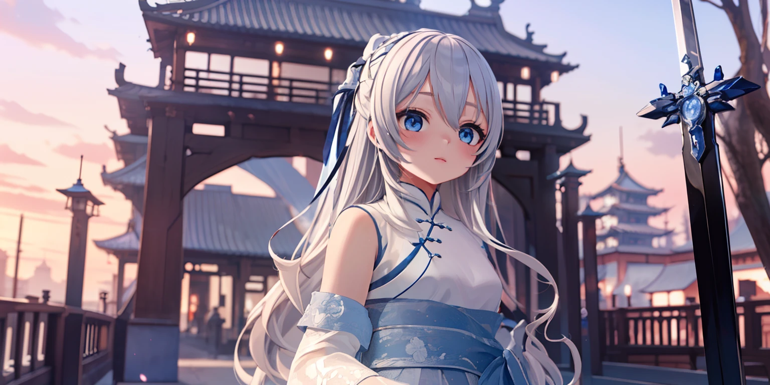 ((Best quality)), ((Masterpiece)), ((Ultra-detailed)), (illustration), (Detailed light), (An extremely delicate and beautiful),A charming young girl,White long hair,Blue sky,(Chinese Garden),The sword floated behind his back