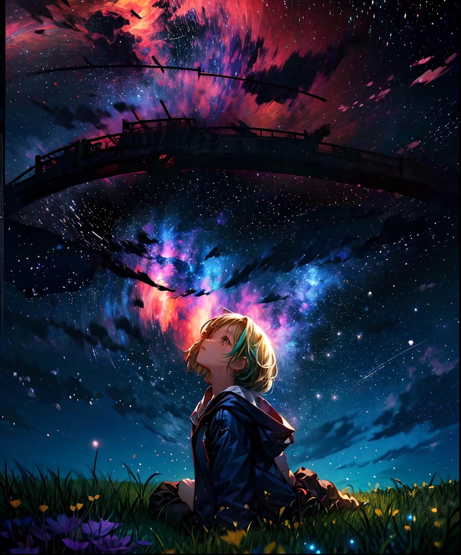 Describe a scene where a cute girl character is lying on a grassy hill, Looking up at the starry sky. Surround her with colorful nebulae and her favorite constellations.