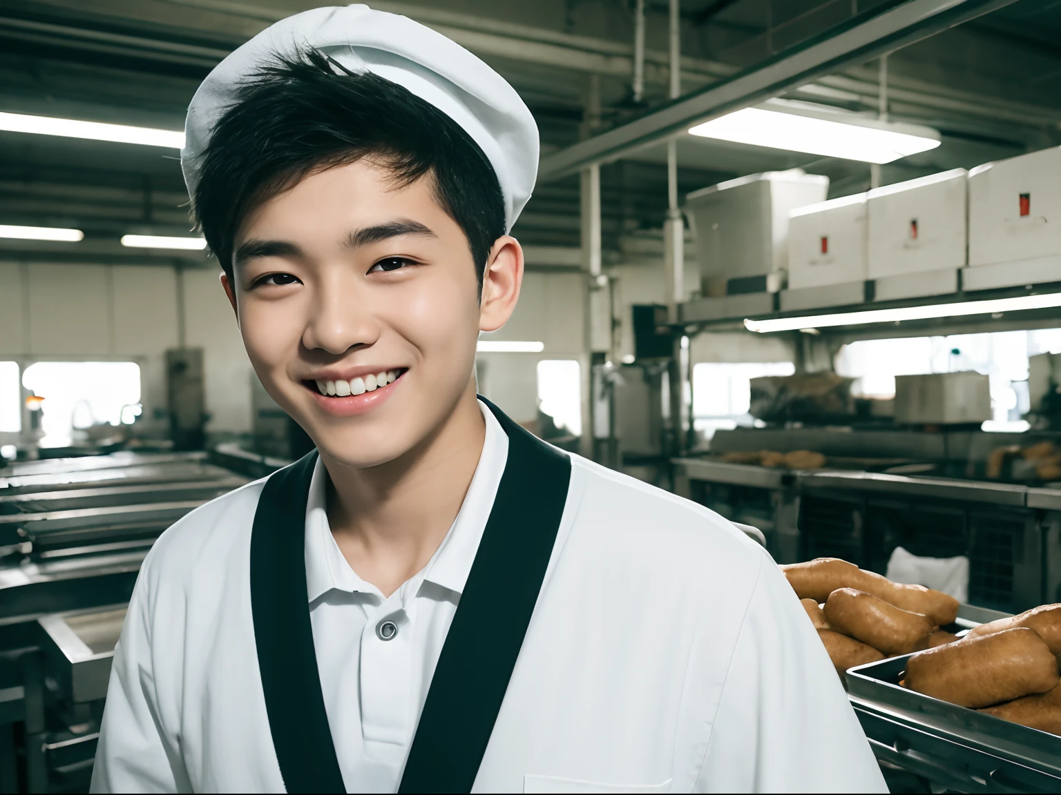 (masterpiece、high-level image quality、foco nítido) (asian teenager) A close-up portrait of a happy teenage boy wearing a white uniform working in a food processing factory. He has short black hair and brown eyes, with a bright cheerful smile on his face. He is looking directly at the camera while packing boxes of food on an assembly line conveyor belt behind him. The background is cluttered with steel machines, pipes, control panels, and flashing lights indicating a busy factory environment. The boy is wearing a white cap, white coat, gloves, and boots - a clean hygienic uniform for food handling. The image has smooth realistic skin, crisp focus, vivid colors, dramatic studio lighting from the top, cinematic color grading, and looks professionally photographed.