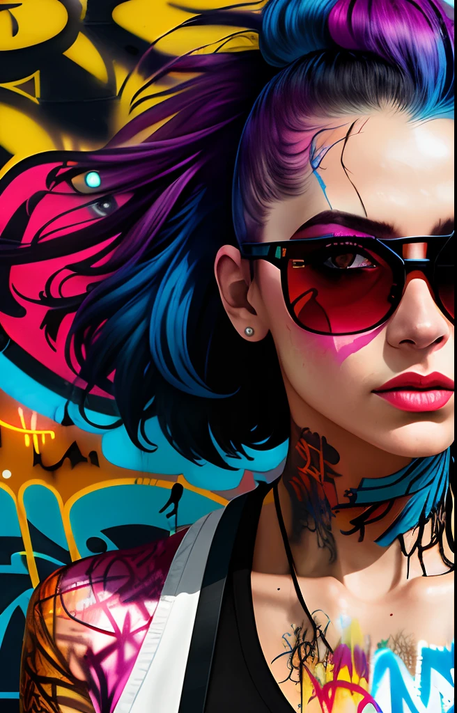Close-up, full-color drawing of squatting cyberpunk girl, sunglasses, high heels, perfect hourglass figure, perfect lively, (((graffiti art) (by Carne Griffiths))), red wall background, crazy details, intricate details, super detail, low contrast, soft movie light, dim colors, exposure blending, HDR, front