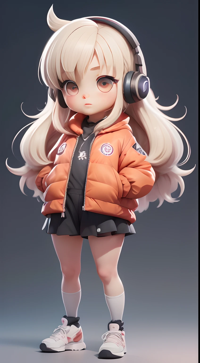 interesting，Realistic anime 3D style, Standing model  girl，Big bright eyes，Light-colored hair，Fine hair，Cool，Earphone。Motion capture。Detail and 8K resolution. Solid background pattern， (full bodyesbian, including legs: 1.5)