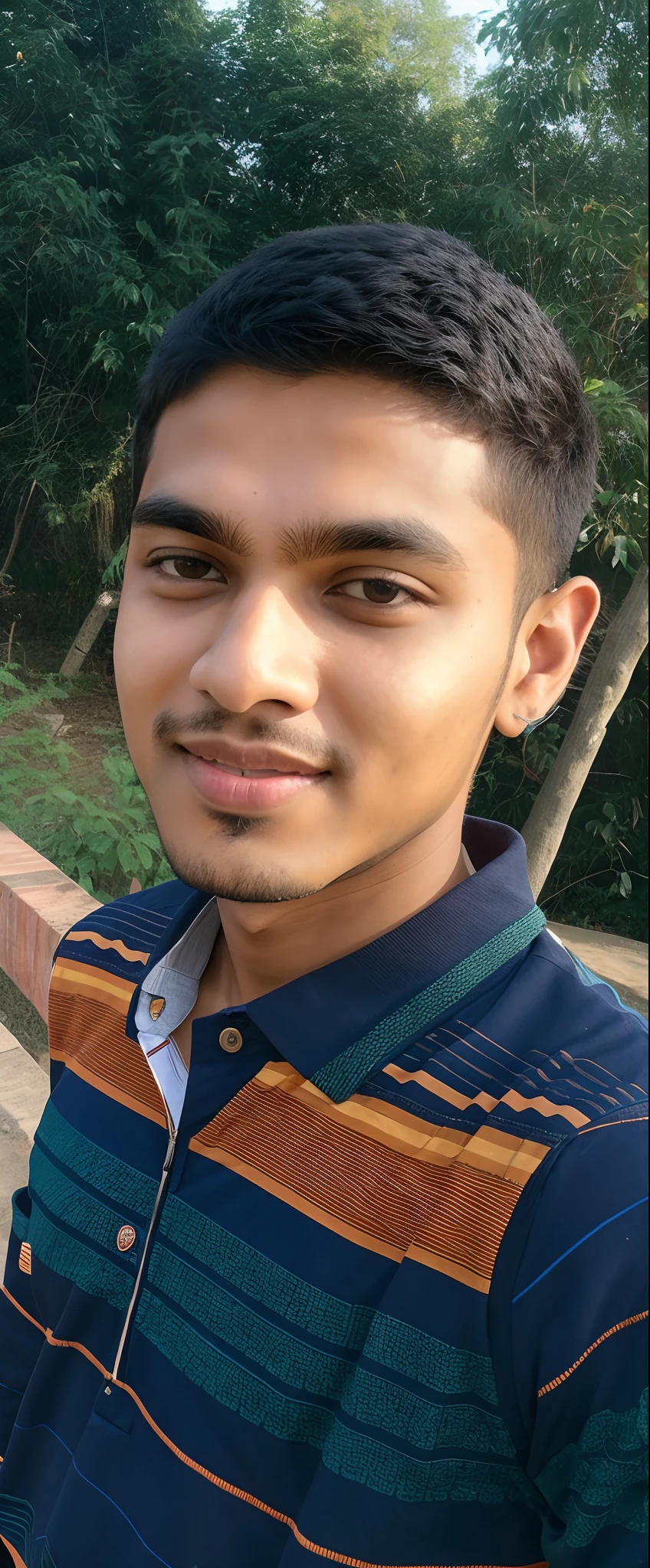 there is a young man standing in front of a brick wall, jayison devadas, riyahd cassiem, inspired by Bikash Bhattacharjee, mohamed chahin, with accurate face, around 1 9 years old, ayan nag, vinayak, good looking face, nivanh chanthara, portait image, in front of a forest background