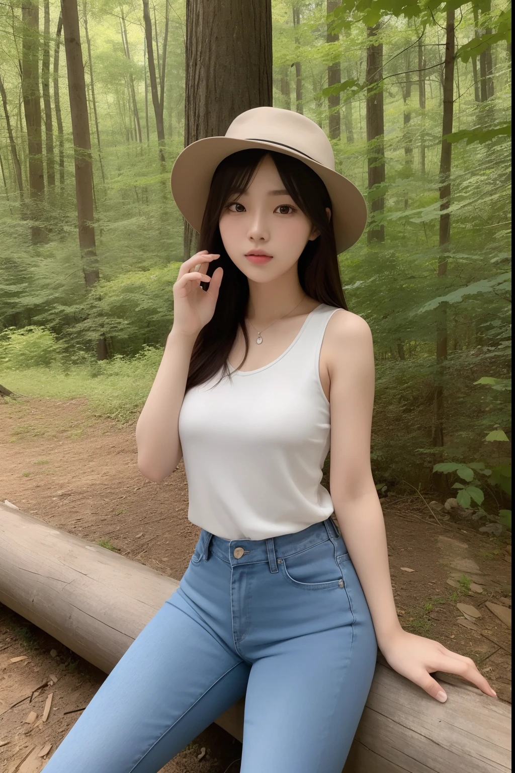Asian woman sitting in the middle of the woods，Wearing a hat and blue skinny jeans, Open V chest clothes, Gorgeous young Korean woman, Beautiful Asian girl, Sexy girl, beautiful Korean women, young and cute girl, Korean girl, Good young girl, Beautiful young Korean woman, Asian girl, smooth white tight clothes suit, 2 4 year old female model, Attractive girl