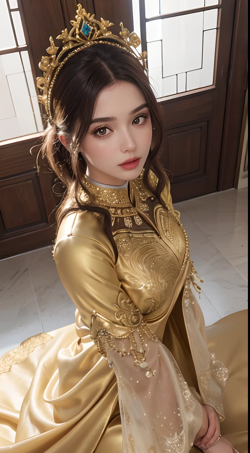 (master piece: 1.3), (8k, photoreallistic, Photo brute, beste-Qualit: 1.4), (1fille), European beautiful face, (realistic face), (cheveux rouge laires, cheveux long 1.3), belle coiffure, realistic crystal bright shining eyes, beautiful detailed eyes brilliant European beauty, (realistic skin), belle peau, (tirer), absurdes, attrayant, ultra highres, ultra realist, highly detailed, Golden Number wearing a Moroccan Islamic caftan outfit half red and ornated différent angle de vue Epic Legendary perspective shot 3 points perspective shot