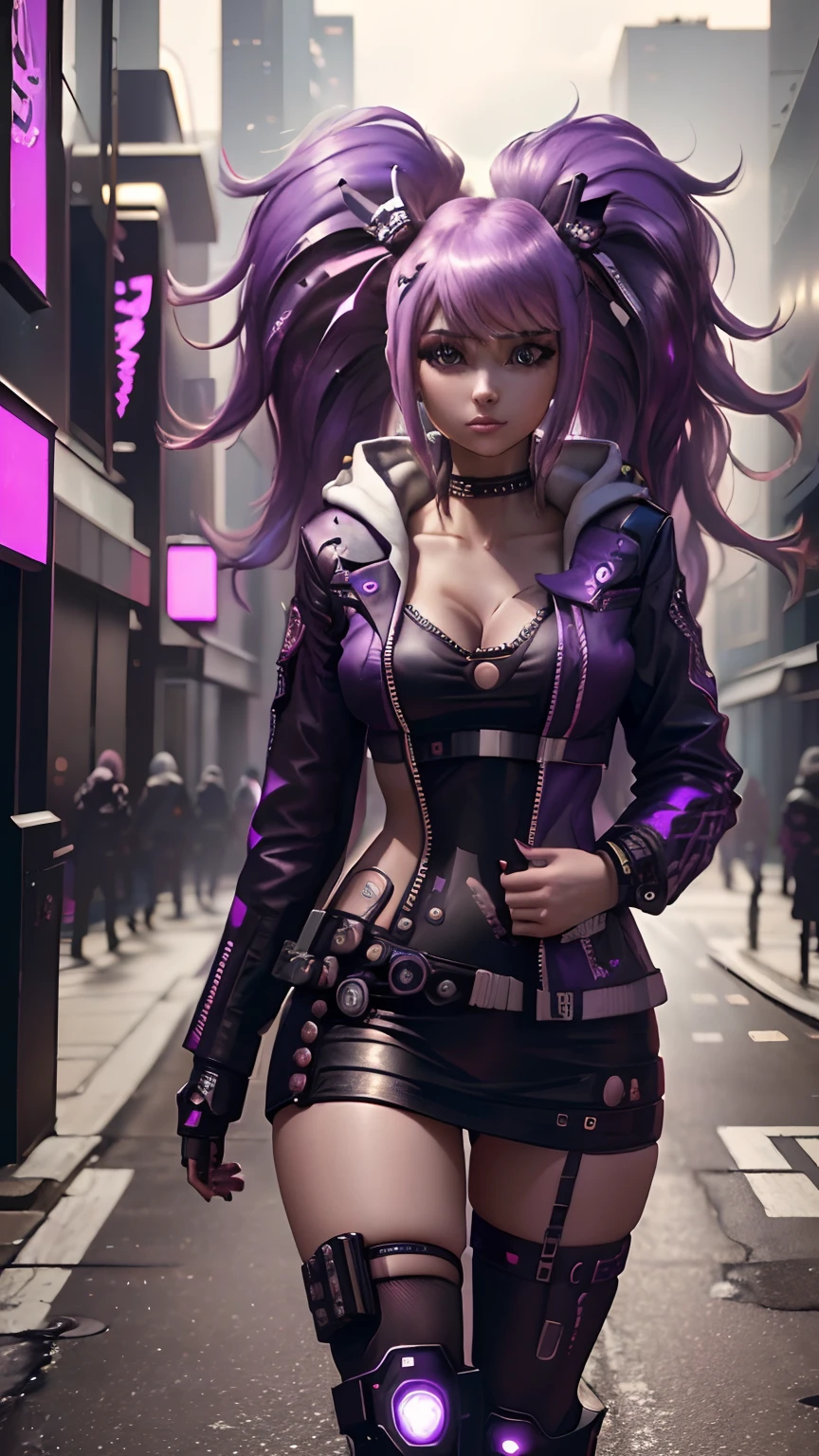 there is a woman with purple hair and a leather jacket, female cyberpunk anime girl, cyberpunk anime girl, cyberpunk vibe, dreamy cyberpunk girl, digital cyberpunk anime art, cyberpunk girl, in cyberpunk style, cyberpunk beautiful girl, cyberpunk 2 0 y. o model girl, cyberpunk outfit, seductive cyberpunk dark fantasy, cyberpunk anime girl in hoodie, anime cyberpunk art, cyberpunk style outfit