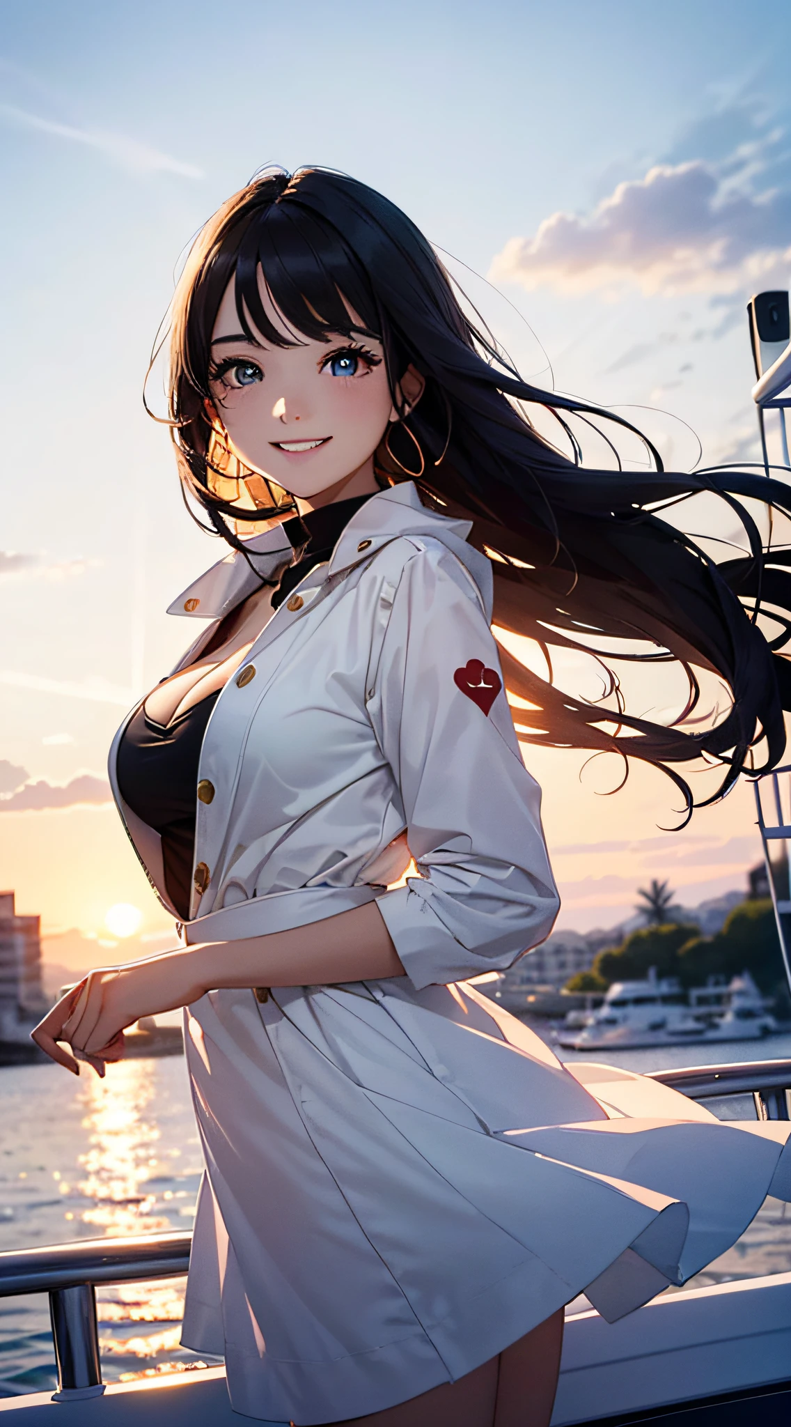 super fine illustration, an extremely cute and beautiful girl, highly detailed beautiful face and eyes, (8k, RAW photo, best quality, masterpiece:1.2), dusk, sunset, sunlight, Clothes that show cleavage, cute, smiling showing her teeth, ultra-detailed, (blur the background), heart-shaped pupils, physically-based rendering, ultra high res, A medium-sized white yacht with a large white sail, Proceed while making waves, (The girl is on a yacht), A woman is standing on the deck, Close up of woman, Strong wind,