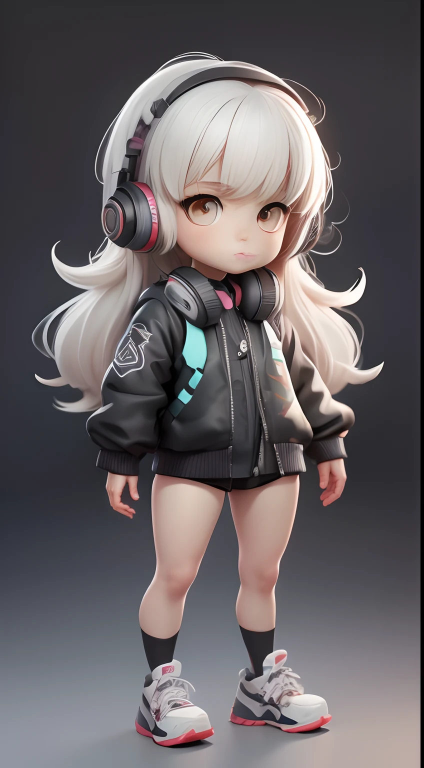 interesting，Realistic anime 3D style, Standing model little girl，Big bright eyes，Light-colored hair，Fine hair，Cool，Earphone。Motion capture。Detail and 8K resolution. Solid background pattern， (full bodyesbian, including legs: 1.5)