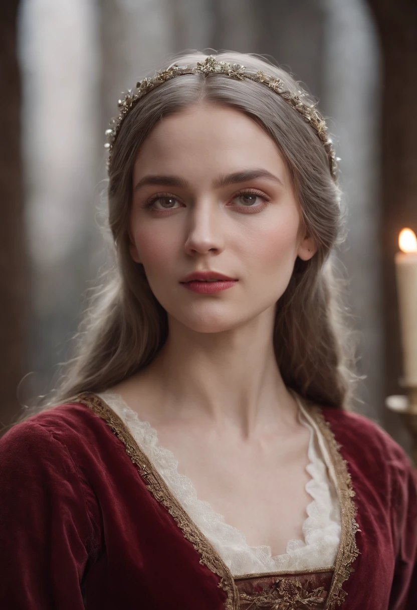 (((A deep reddish scar runs across her left cheek)))pregnant woman, light skinned, Women around 19 years old, Natural gray hair, Distinctive green eyes, Wearing Cole, slender and graceful,, Beautiful, Candlelight in medieval atmosphere, Ultra Sharp Focus, realistic shot, Women's clothing in the Middle Ages, Tetradic color (Scar:1.4)