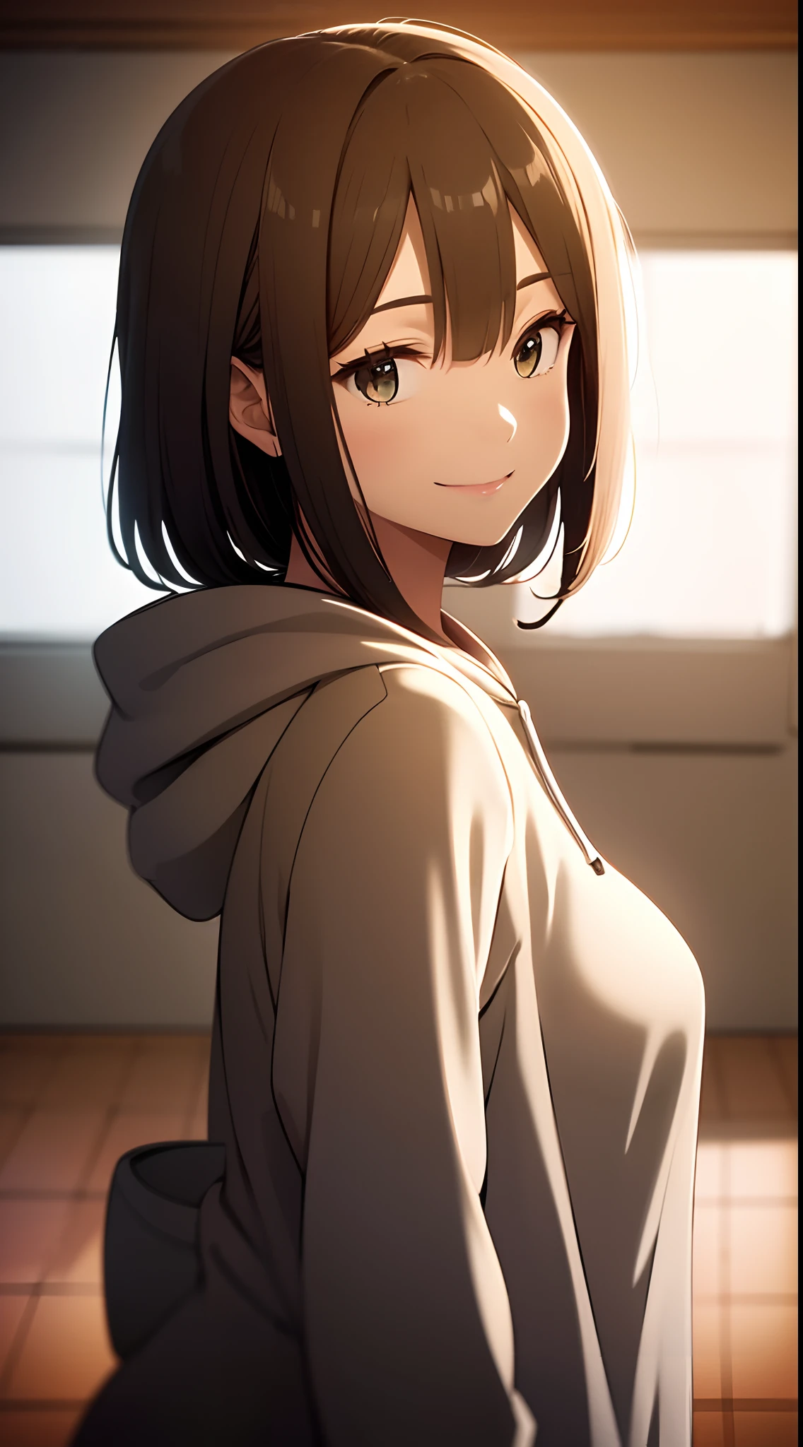 best quality, detailed face, 1girl, devils horn, middle breast, smile, hoodie on nude, good anatomy, soft focus, cinematic lighting, depth of field, from front side
