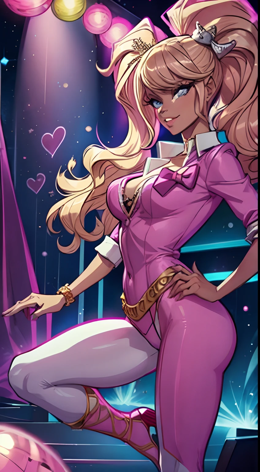 Barbie, Saturday Night Fever, (Pink lame business suit, PINK SHIRT,Pink Bell Bottoms), mirror ball, disco, Dancing, Dancing Queen, high-heels, Long Blonde Hair, Wavy Hair, Gorgeous atmosphere, Glitter, dance floor, Intricate details of the atmosphere, Detailed legs, Detailed hand,detailed finger,(8K, 16 K, Super Detail), high details, Best Quality:1.2, hight resolution, High quality, masutepiece:1.4