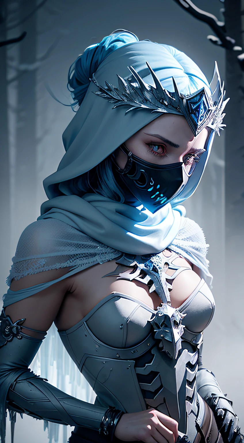 1girl, absurdres, a skeletonized woman like dota 2 hero with bits of flesh hanging off his bones, her skull is covered in icicles and frost, intricate carving, wearing a face mask, glowing eye sockets, wearing a frozen blue crown, chromatic aberration, haunted forest, cowboy shot, side shot, fully colthed