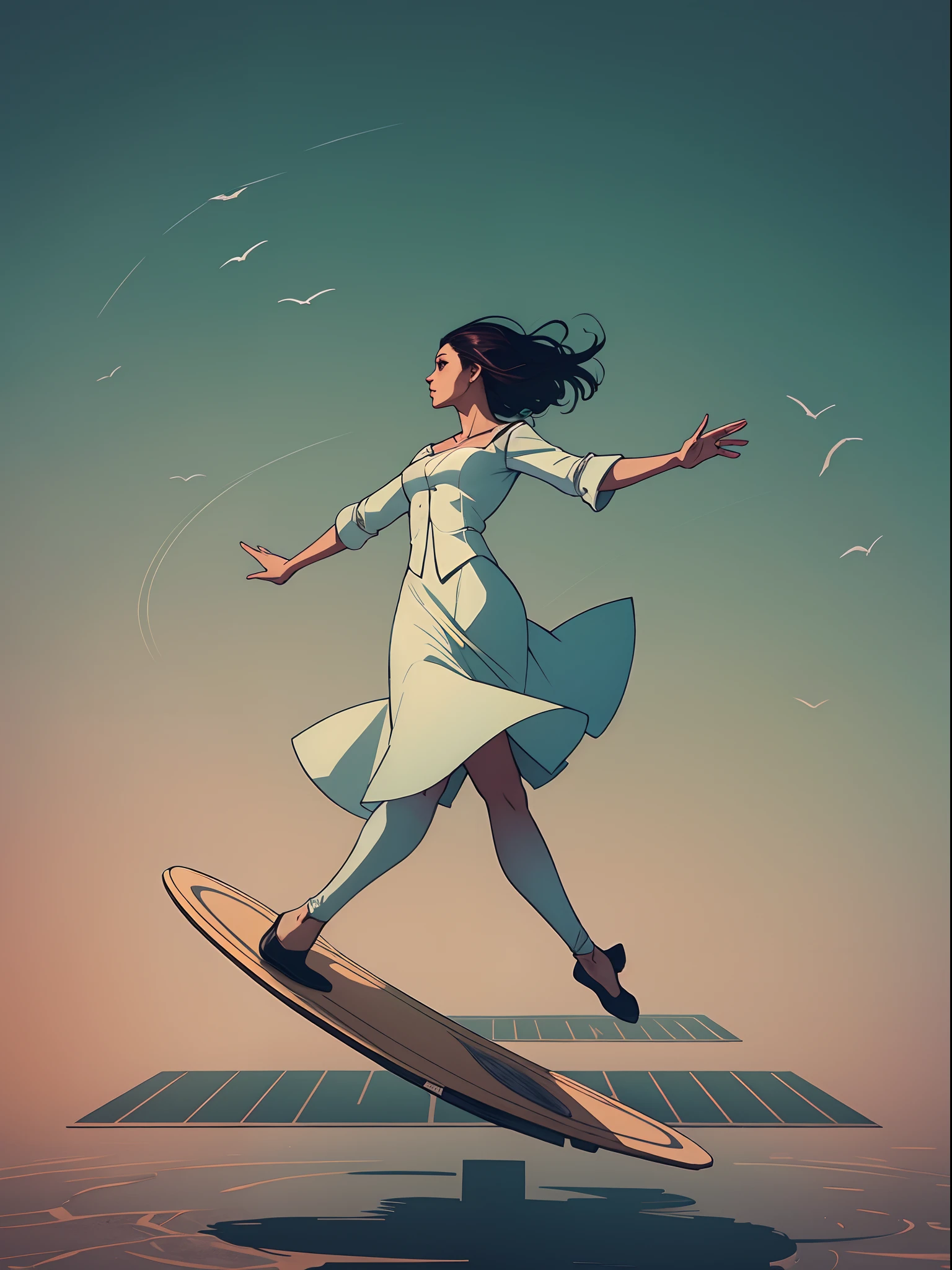 A beautiful woman walking over a board, outstretched arms, balancing