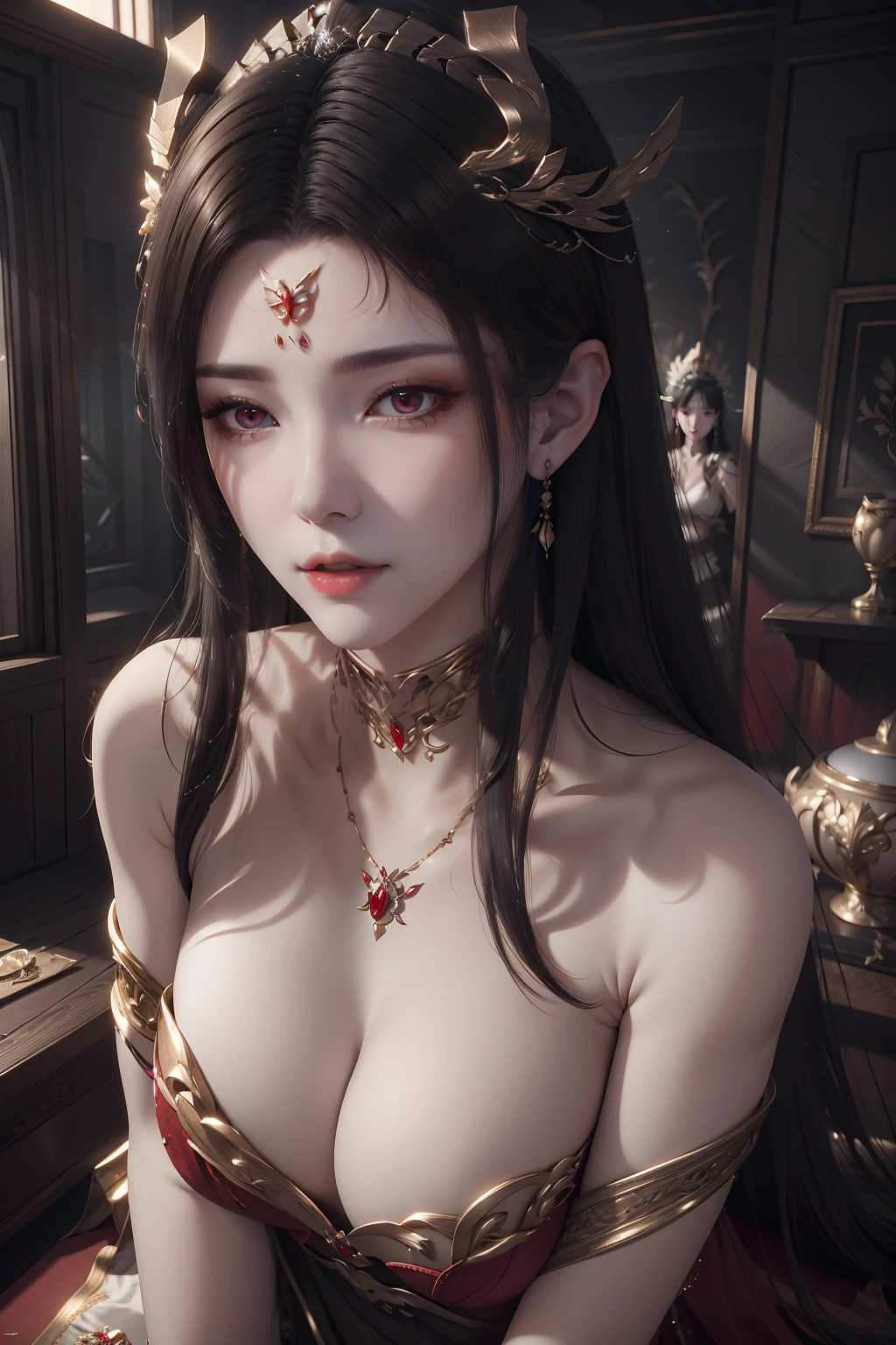 tmasterpiece,Light makeup,Redlip,Long silver messy hair,Wipe the forehead headdress,gracefulness,elegance。ultra fine detailed,Works of masters,Authentic texture,Cinematic lighting realism,perfect works,8k,k hd,Delicate facial features,plumw,Hyper-realism