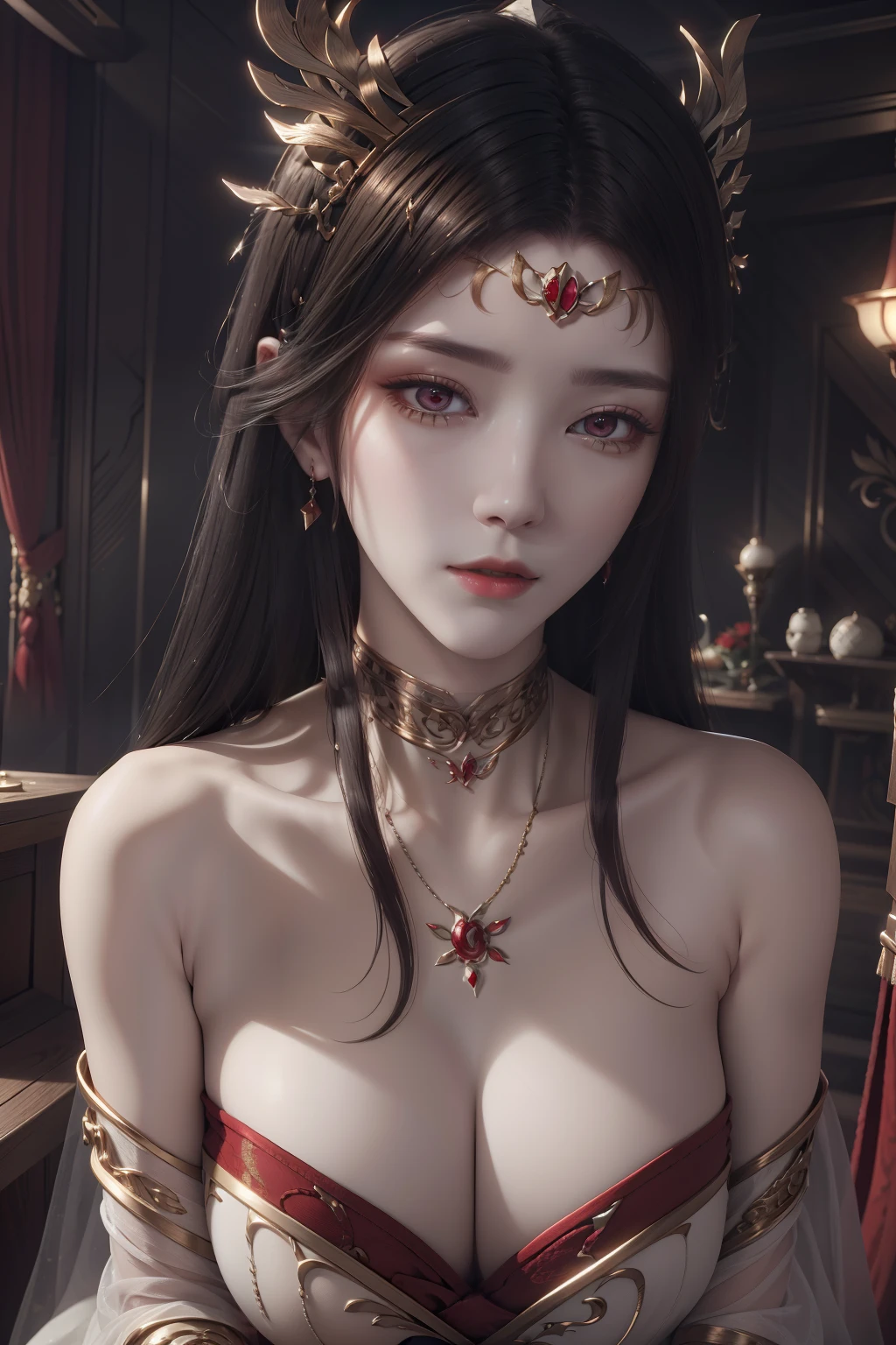 tmasterpiece,Light makeup,Redlip,Long silver messy hair,Wipe the forehead headdress,gracefulness,elegance。ultra fine detailed,Works of masters,Authentic texture,Cinematic lighting realism,perfect works,8k,k hd,Delicate facial features,plumw,Hyper-realism