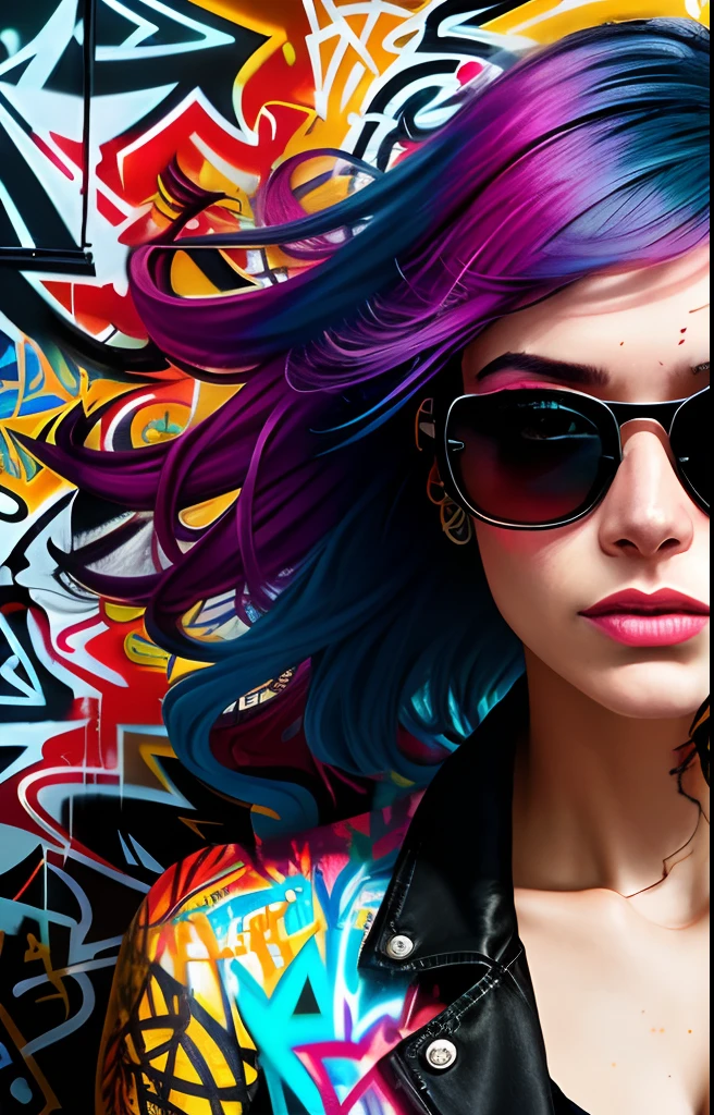 close up, colorful painting of cyberpunk girl standing, sunglasses, high heeled shoes, perfect hourglass figure, perfect huge tits, (((Graffiti art) (by Carne Griffiths)))), red wall background, insane details, intricate details, hyperdetailed, low contrast, soft cinematic light, dark colors, exposure mix, hdr, front, (neon light: 1.4), upper body, detailed skin, detailed eyes, realistic eyes, 20 megapixel, canon eos r3, detailed skin, detailed face, (TungstenDispo:1.2), raw photo, portrait of a businesswoman, (style of Flora Borsi), bright and bold colors, Mohawk blue haircut, ((Flora Borsi)), dslr, dramatic lighting, high quality, film grain, Fujifilm XT3, (strong backlight: 1.1), style (liminal space), by Syd Mead, by Andr Kertsz, by Tadao Ando
