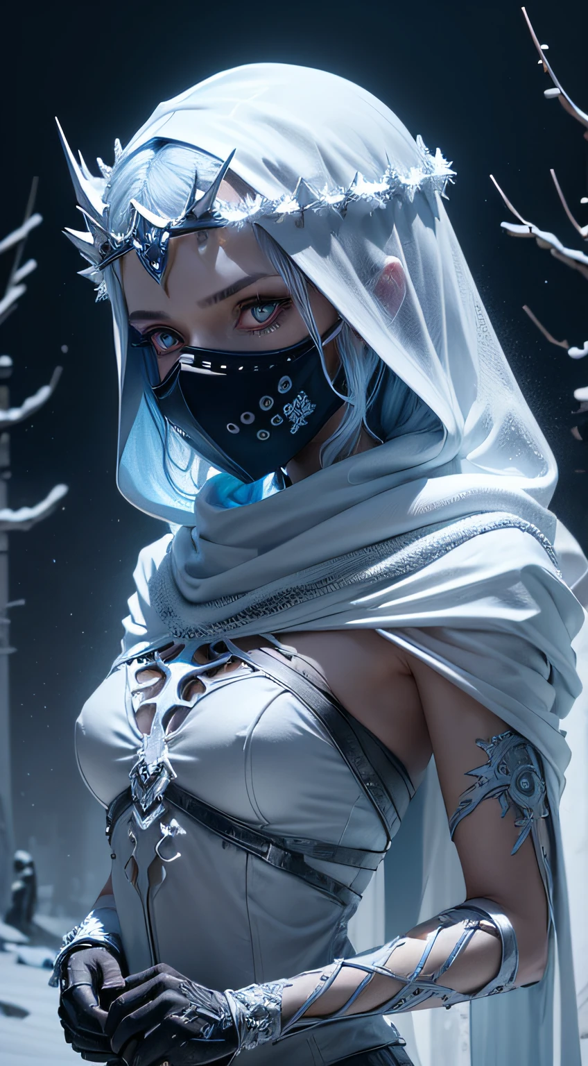 1girl, absurdres, a skeletonized woman like dota 2 hero with bits of flesh hanging off his bones, her skull is covered in icicles and frost, intricate carving, wearing a face mask, glowing eye sockets, wearing a frozen blue crown, chromatic aberration, haunted forest, cowboy shot, side shot, fully colthed