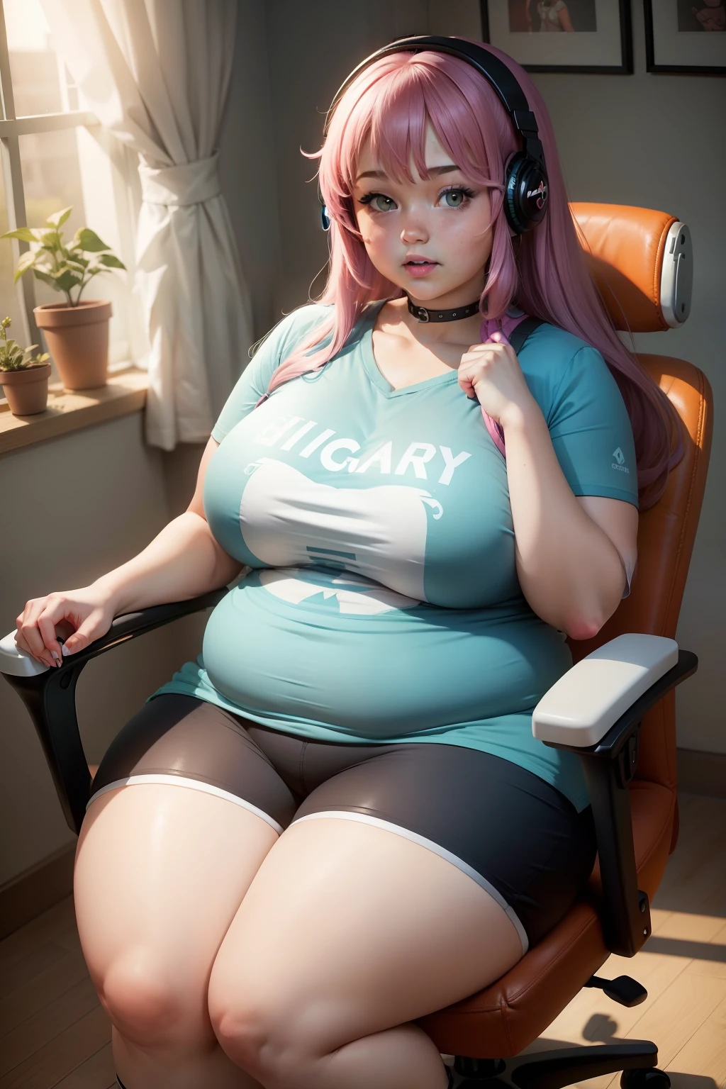 a chubby gamer girl sitting on a chair in a slutty shorts and shirt