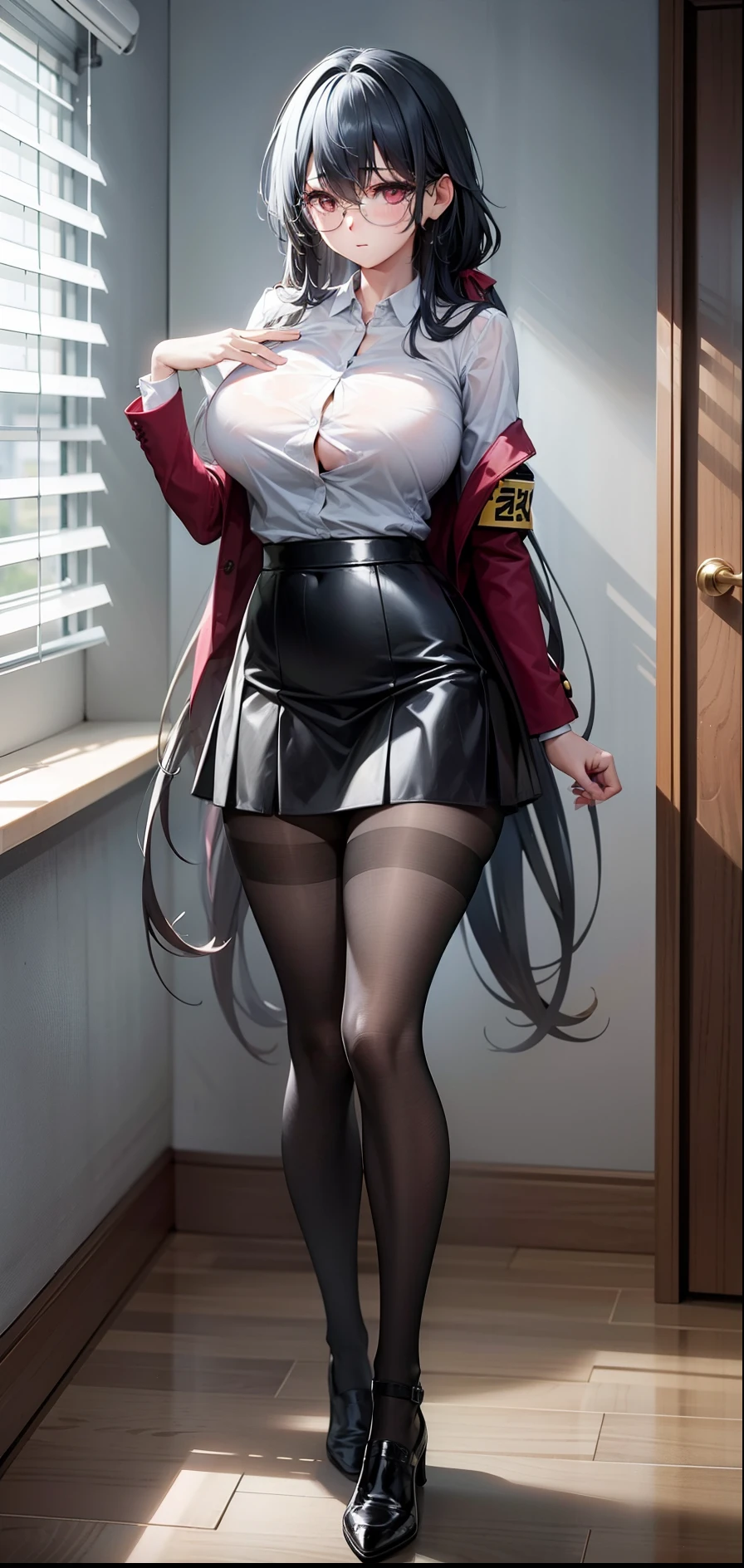 1girl,big breasts, closed breast, very long hair,open jacket,white shirt, long skirt, bedroom, sadist, standing, pantyhose, full body, pink eyes,