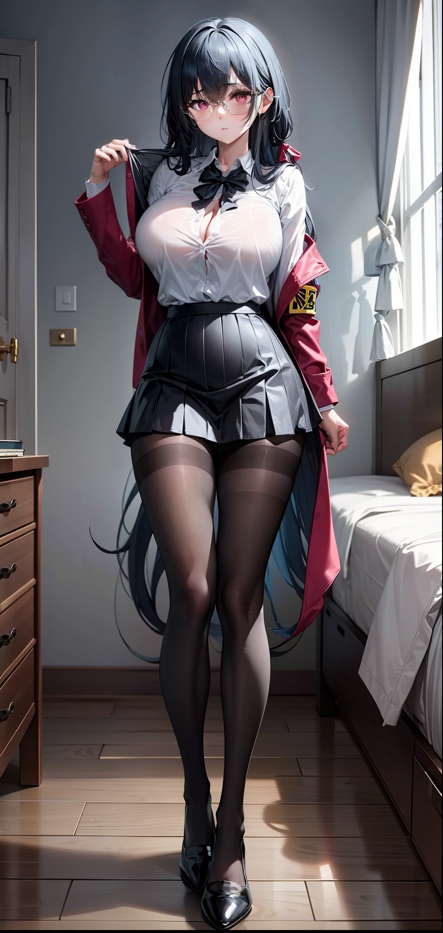 1girl,big breasts, closed breast, very long hair,open jacket,white shirt, long skirt, bedroom, sadist, standing, pantyhose, full body, pink eyes,
