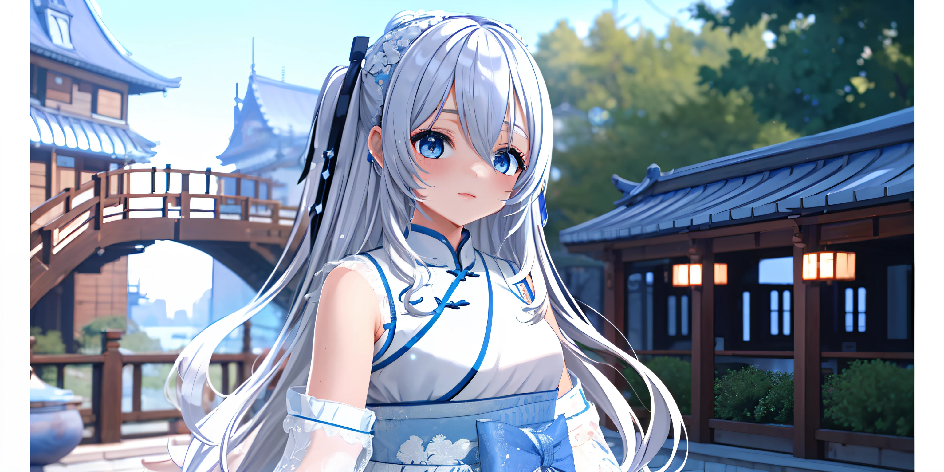 ((Best quality)), ((Masterpiece)), ((Ultra-detailed)), (illustration), (Detailed light), (An extremely delicate and beautiful),A charming young girl,White long hair,Blue sky,(Chinese Garden),The sword floated behind his back