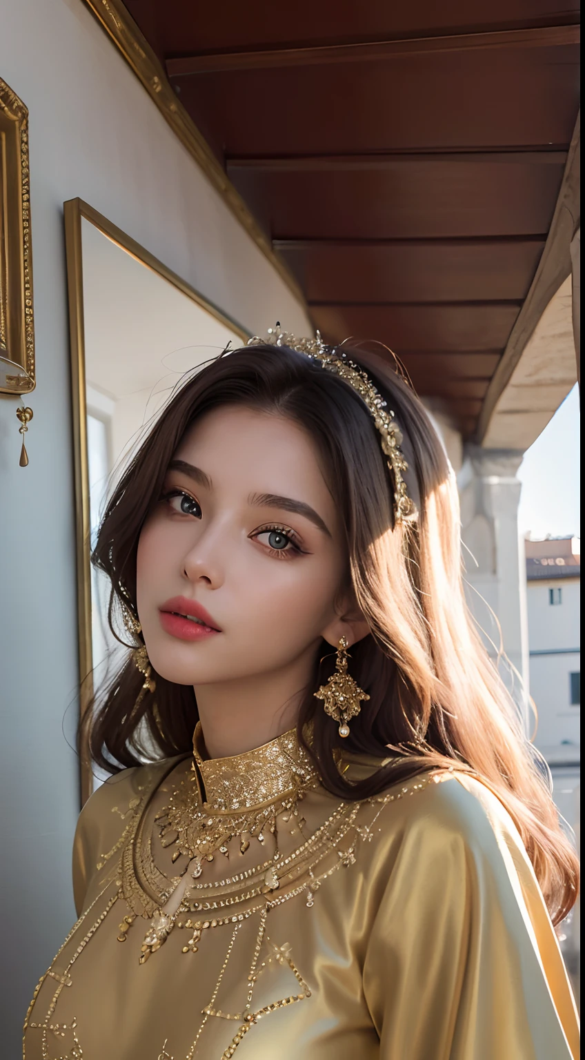 (master piece: 1.3), (8k, photoreallistic, Photo brute, beste-Qualit: 1.4), (1fille), European beautiful face, (realistic face), (cheveux rouge laires, cheveux long 1.3), belle coiffure, realistic crystal bright shining eyes, beautiful detailed eyes brilliant European beauty, (realistic skin), belle peau, (tirer), absurdes, attrayant, ultra highres, ultra realist, highly detailed, Golden Number wearing a Moroccan Islamic caftan outfit half red and ornated différent angle de vue Epic Legendary perspective shot 3 points perspective shot