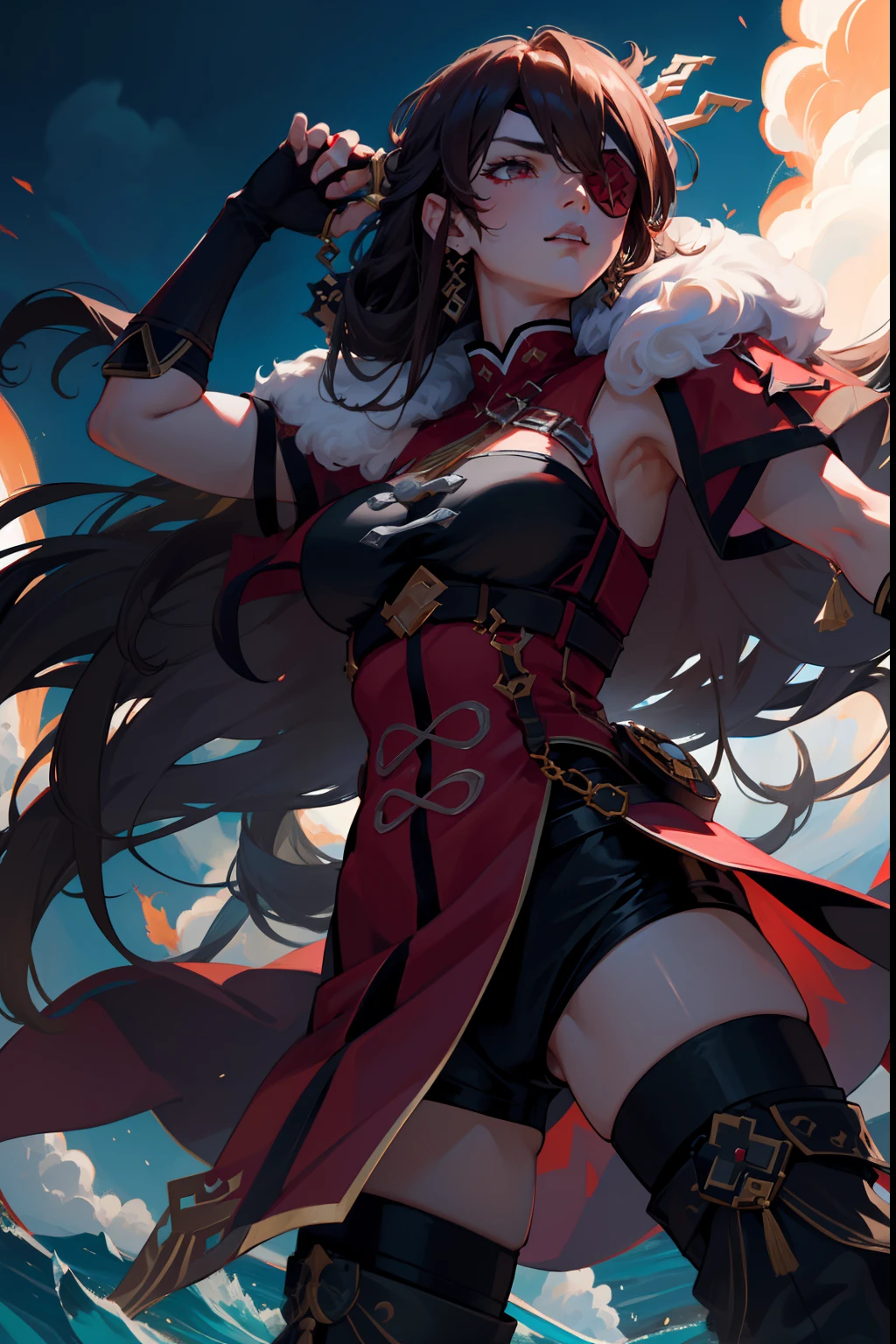 1 mature female solo, long brown hair, red eye, golden hair accessories, ((red eyepatch)), red cape, white fur collar, black and red outfit, black fingerless gloves, long black stockings, dynamic pose, cinematic shot, cinematic light, big pirate ship, sea, sea storm, big waves, dark sky with lightning, fullbody