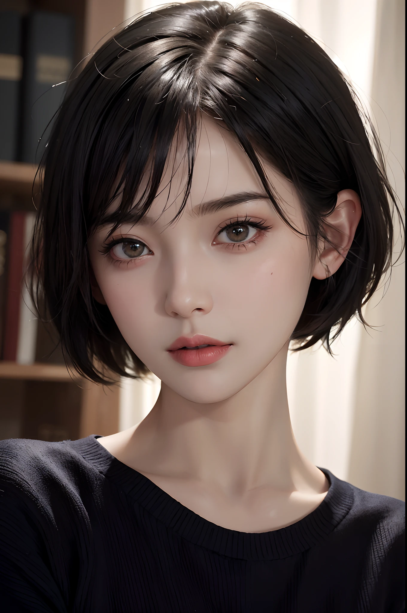 (masterpiece:1.3), (8k, photorealistic, RAW photo, best quality: 1.4), (1girl), beautiful face, (realistic face), (black hair, short hair:1.3), Nice hairstyle,Orange hair,photorealistic eye,Nice detail eyes,(Realistic skin),Beautiful skins,cropped shoulders,absurd res,enticing,超高分辨率,Ultra photo realsisim,The is very detailed,the golden ratio