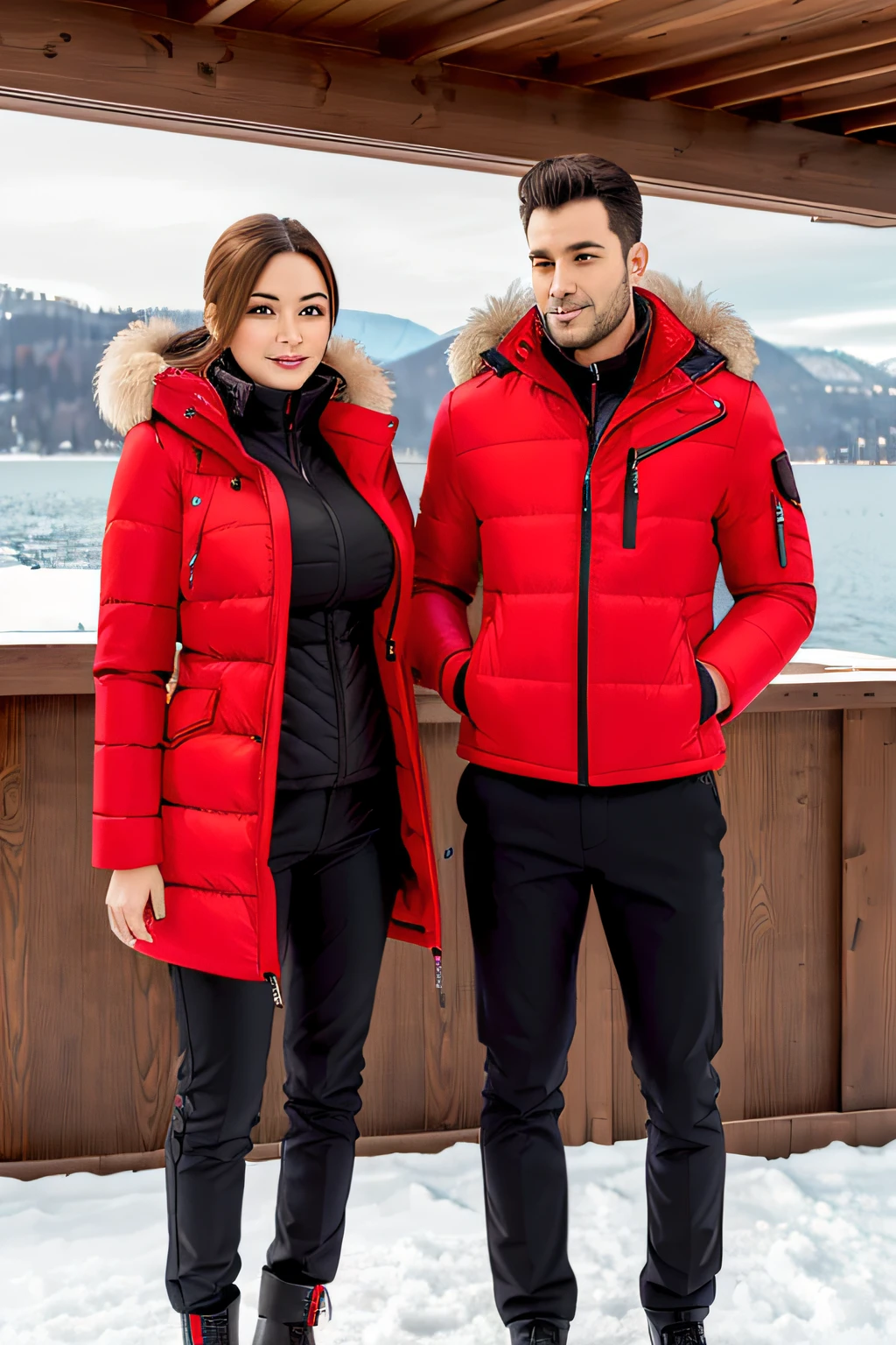 Make a woman with big breast, Red long winterjacket , with open zipper, with face, body, Lakeside house, travel bag, black pants, dog