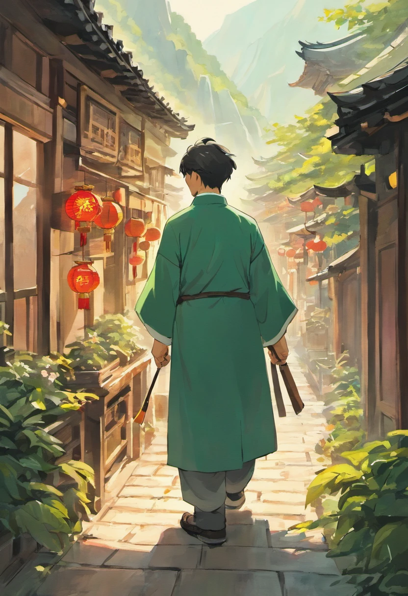 Art graphics, Big fish begonia illustration style,middle aged man,The middle-aged man under the mountain has been a butcher all his life,Middle-aged man cutting meat,Neighbors are lining up to buy,chinese artist, Chinese watercolor painting, Chinese Ancient Architecture, landscape artwork, Chinese watercolor style, dreamy Chinese towns, Chinese village, Chinese watercolor painting, author:Shen Shizhen's highly meticulous cleaning, Vector image,