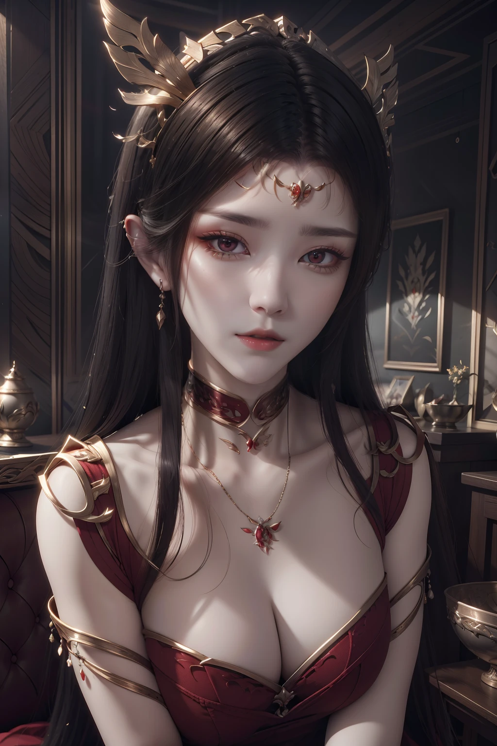 tmasterpiece,Light makeup,Redlip,Long silver messy hair,Wipe the forehead headdress,gracefulness,elegance。ultra fine detailed,Works of masters,Authentic texture,Cinematic lighting realism,perfect works,8k,k hd,Delicate facial features,plumw,Hyper-realism