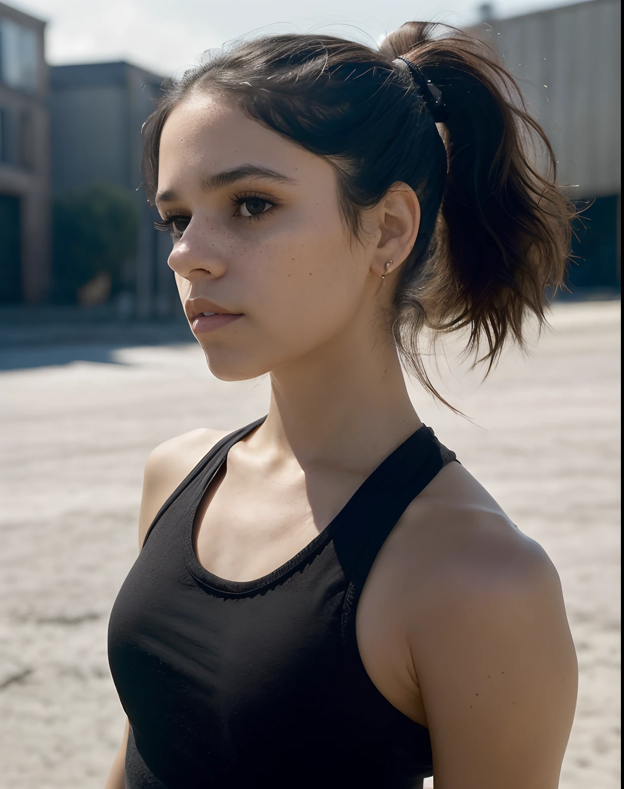 closeup portrait of jortega looking at viewer, trying her hair into pony tail, wearing black top, showing armpits, (masterpiece, extremely detailed skin, photorealistic, heavy shadow, dramatic and cinematic lighting, key light, fill light)